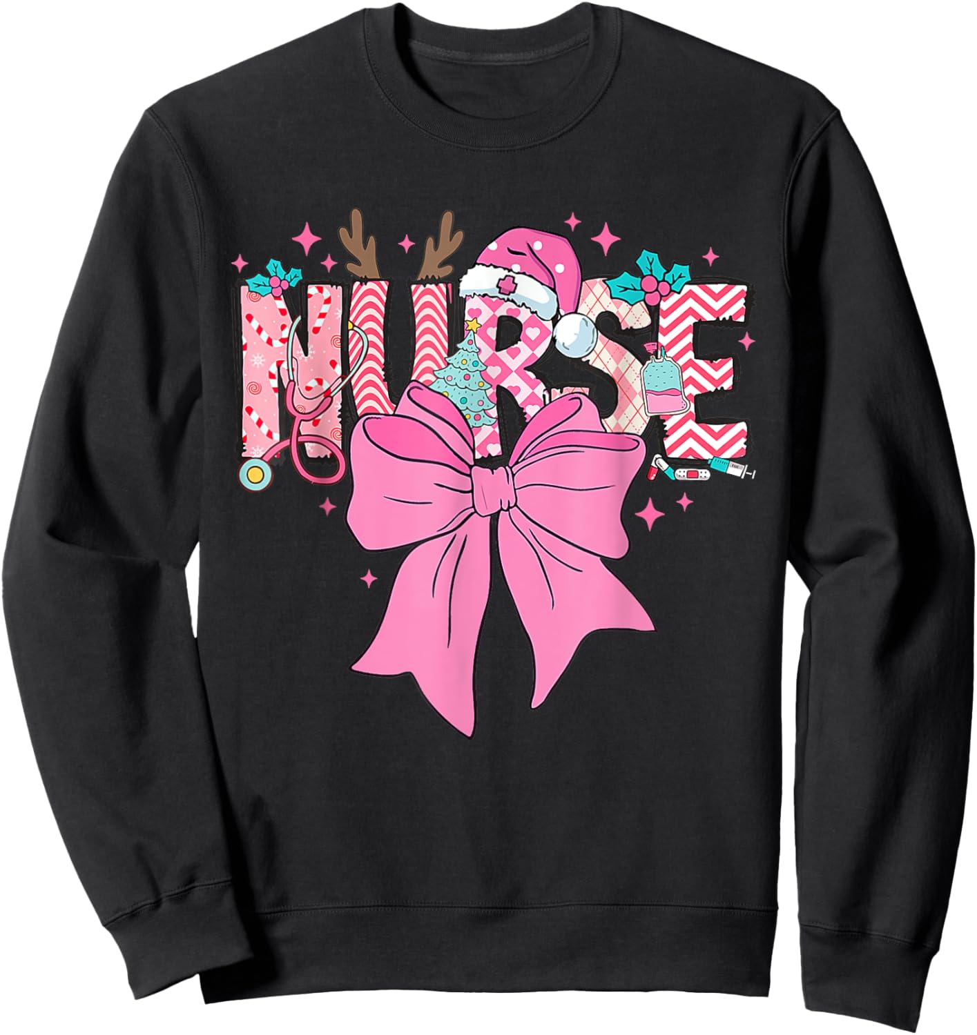 Coquette Nurse Christmas Nursing Pink Tone Bow Xmas Plaid Sweatshirt - Sweatshirt | Black