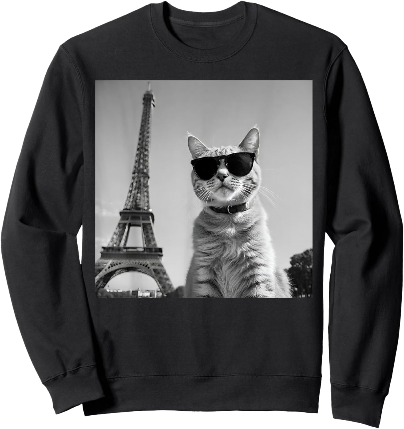 Funny French Cat Wearing Sunglasses And Paris Eiffel Tower Sweatshirt - Sweatshirt | Black