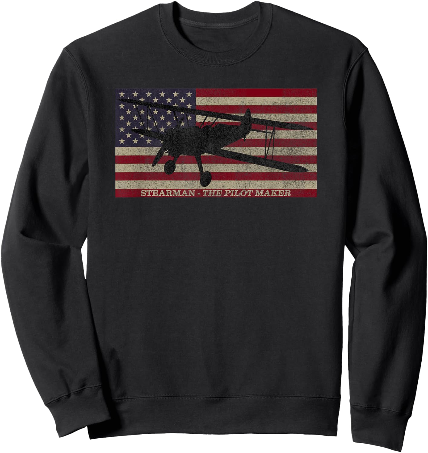 PT-13 Stearman American Biplane Pilot Trainer Vintage Flag Sweatshirt - Sweatshirt | Black