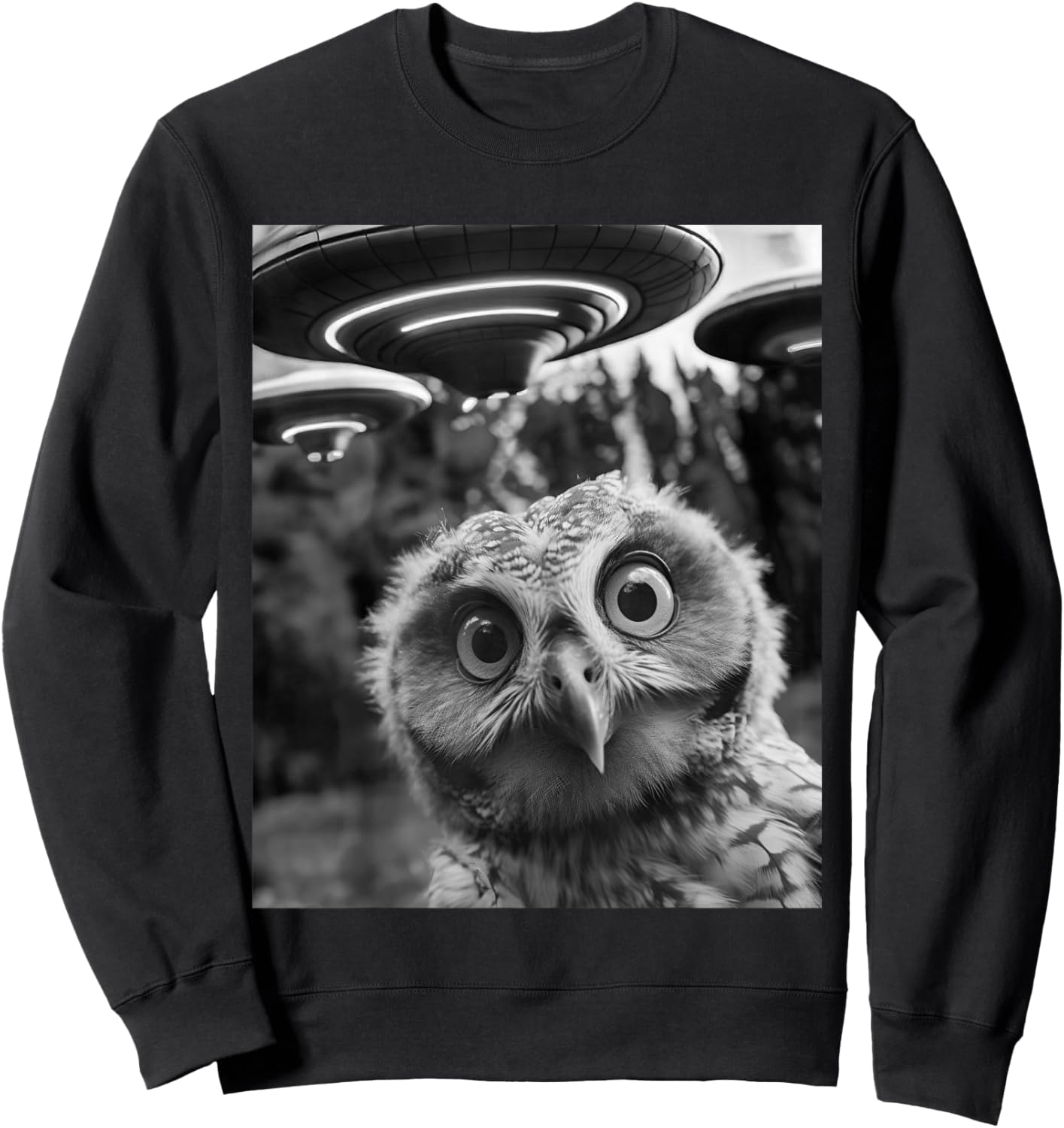 Funny Women Owl Selfie with UFOs Weird Sweatshirt - Sweatshirt | Black