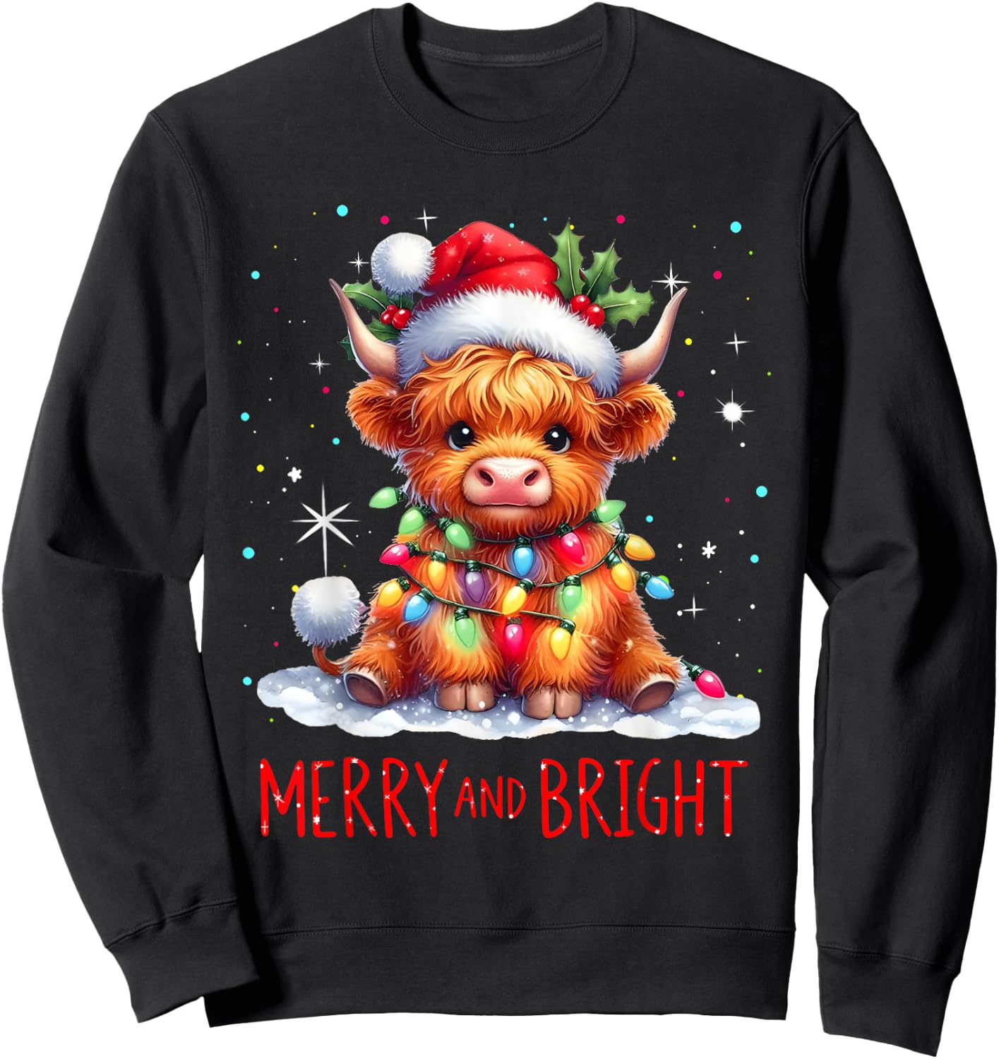 Cute Highland Baby Cow Christmas Lights Merry & Bright Xmas Sweatshirt - Sweatshirt | Black