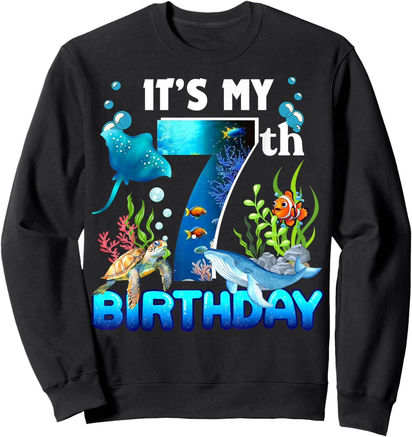 It's My 7th Birthday Party Ocean 7 Years Old Sea Fish B-Day Sweatshirt - Sweatshirt | Black