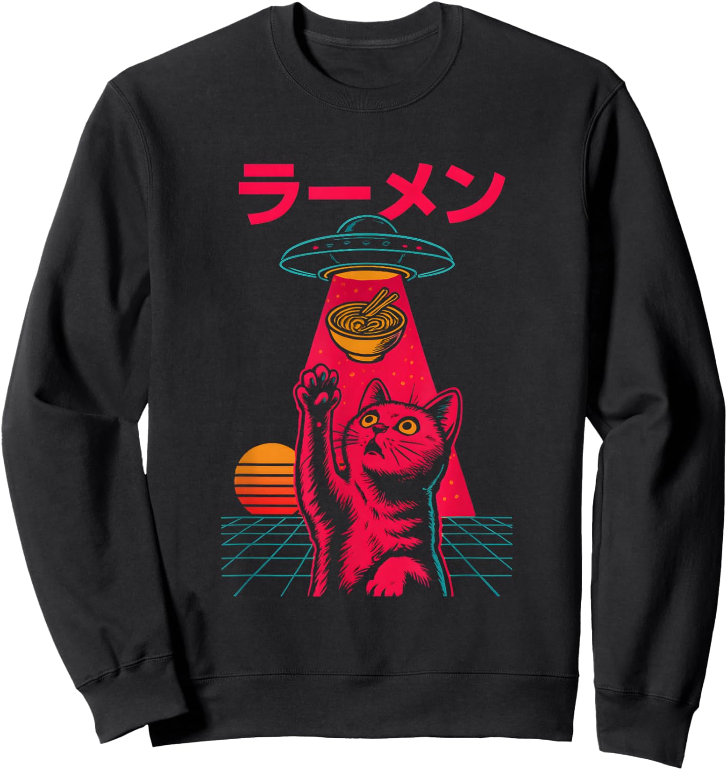 Cat Ramen Alien Abduction Vintage Japanese Retro UFO Graphic Sweatshirt - Sweatshirt | Black