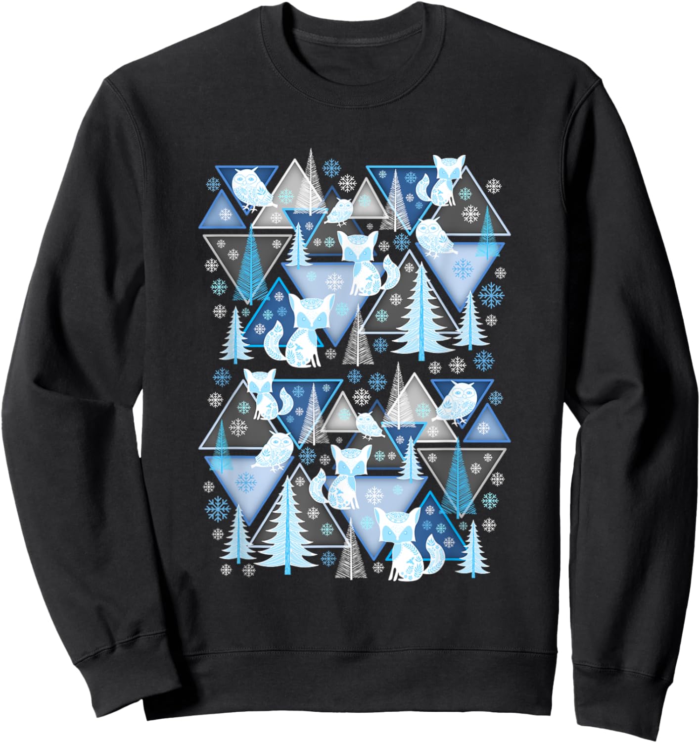 Cute Winter Season Scene Fox Pine Trees Owls Snowflakes Sweatshirt - Sweatshirt | Black
