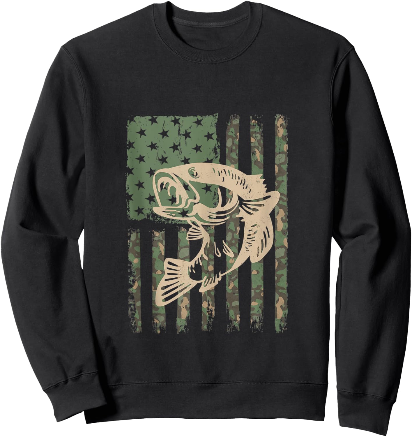 Camouflage USA Flag Big Mouth Bass Fishing Sweatshirt - Sweatshirt | Black