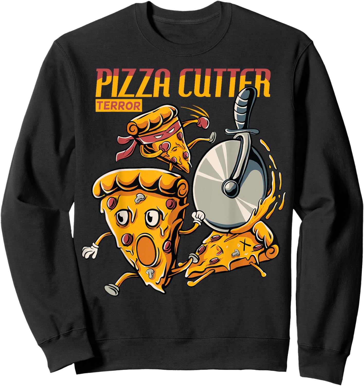 funny pizza slice chased by cutter wheel Gift lover food Sweatshirt - Sweatshirt | Black