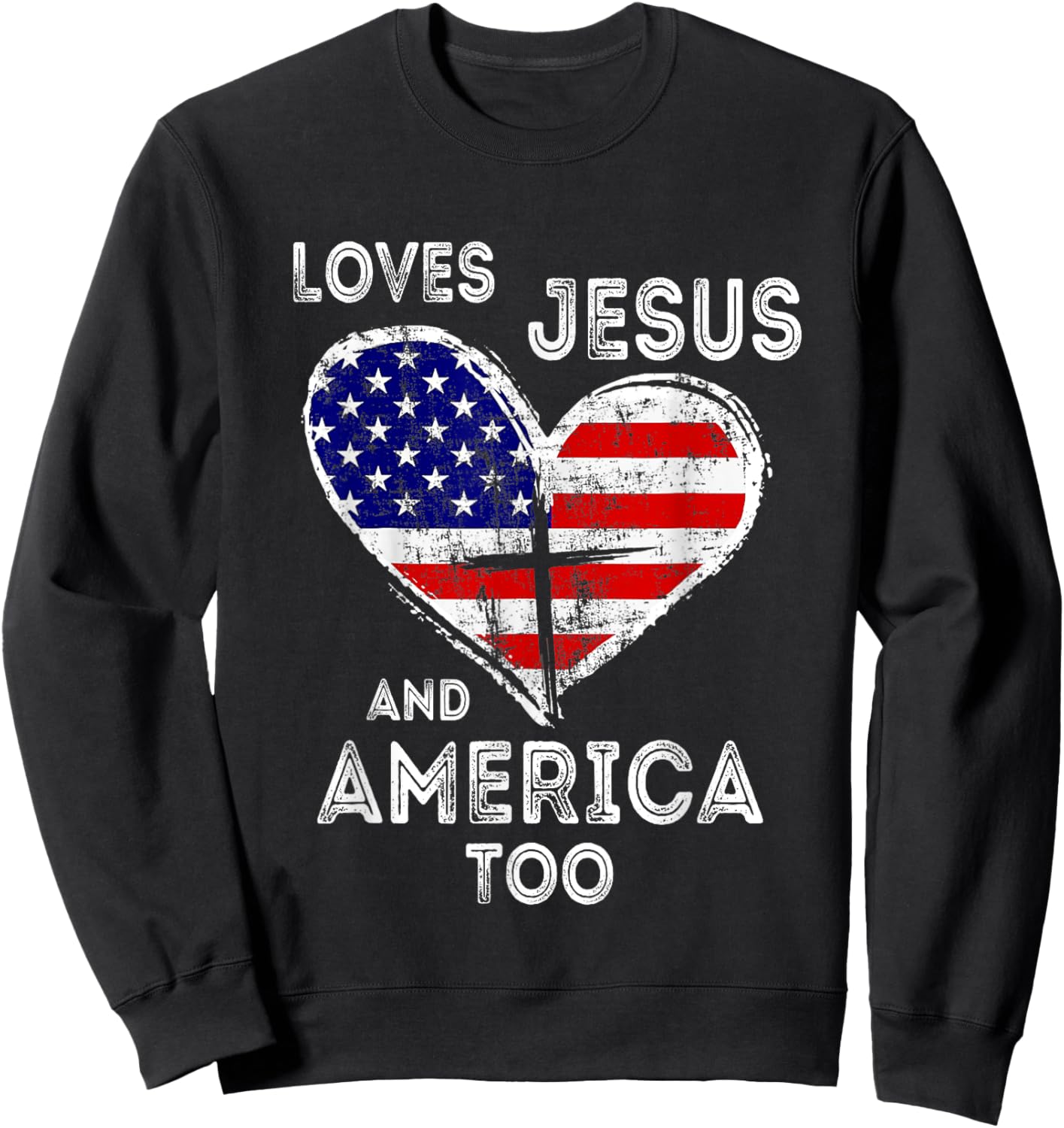 Retro Loves Jesus and America Too God Christian 4th of July Sweatshirt - Sweatshirt | Black