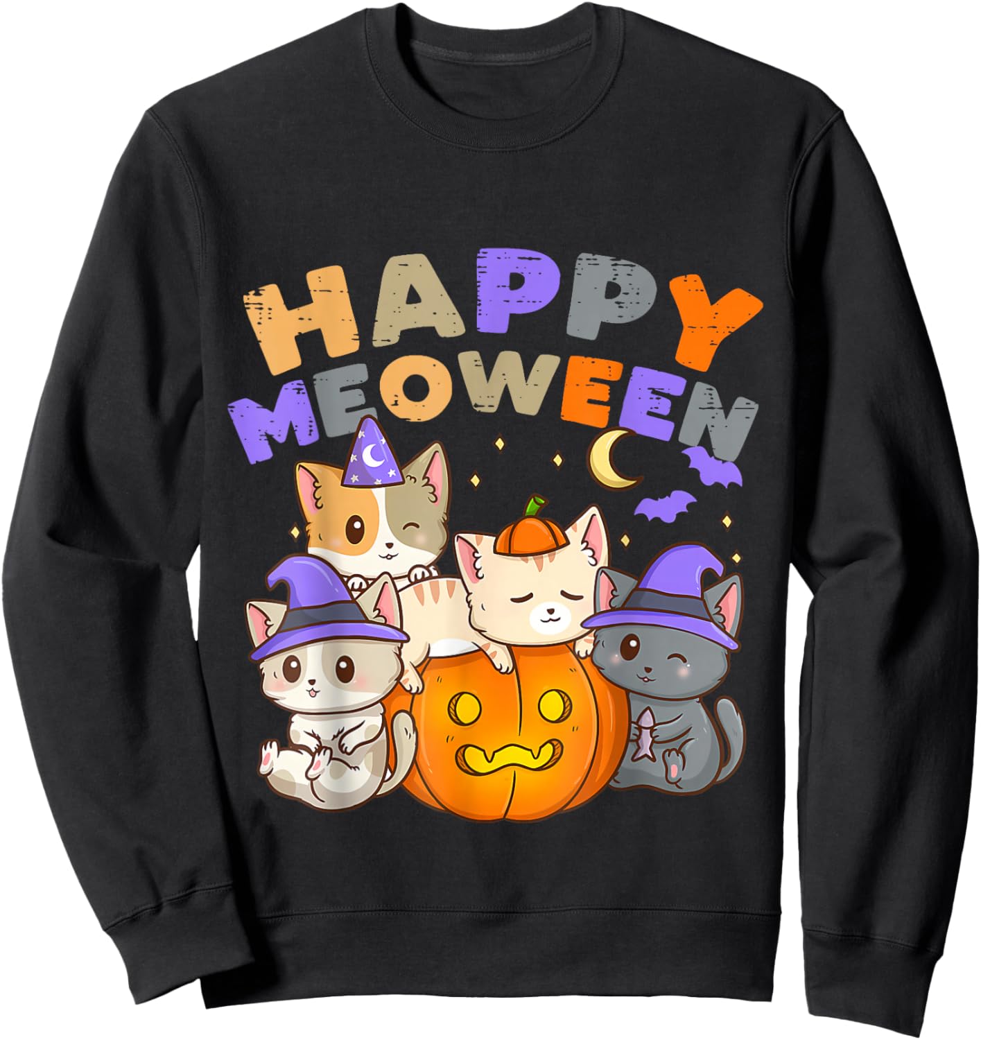 Happy Meoween Witch Cute Cats Halloween Pet Kitten Cat Sweatshirt - Sweatshirt | Black