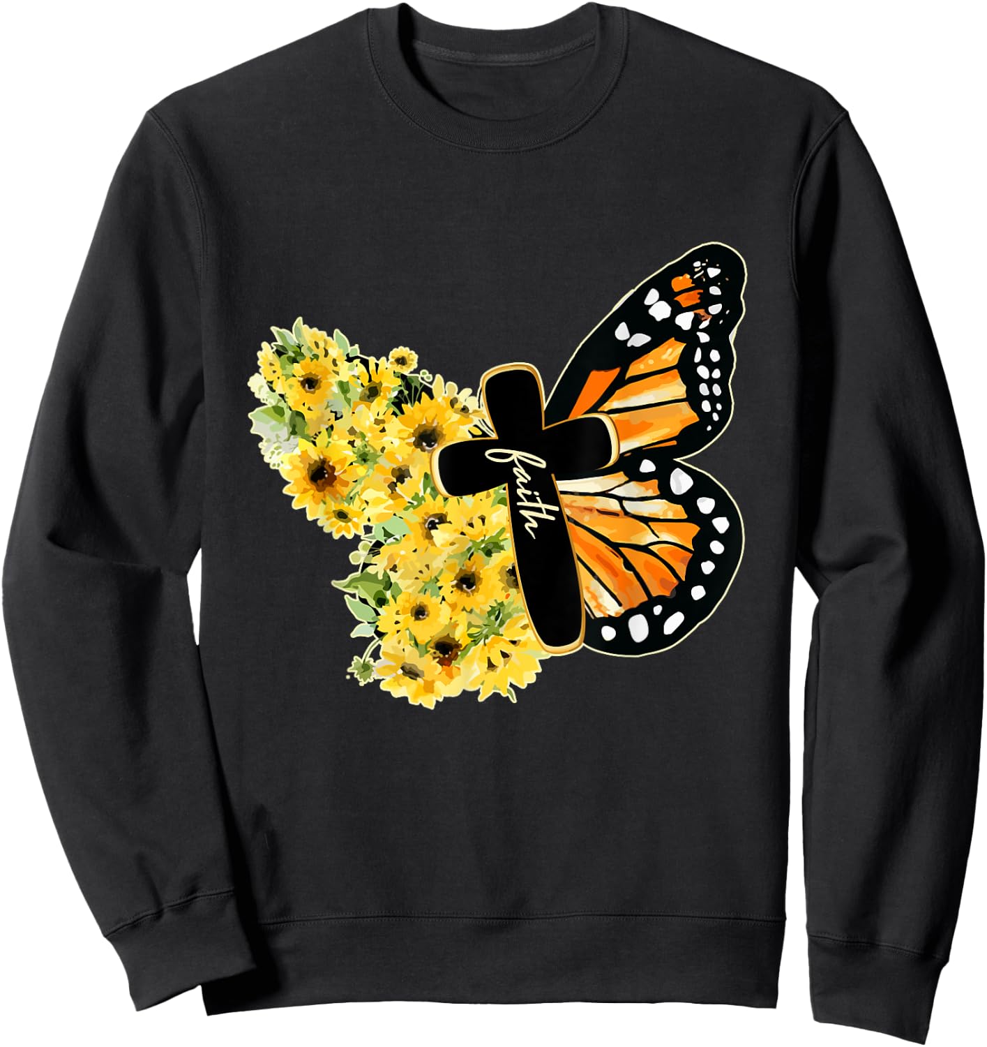 Faith Cross Sunflower Butterfly Christian Vintage Sweatshirt - Sweatshirt | Black