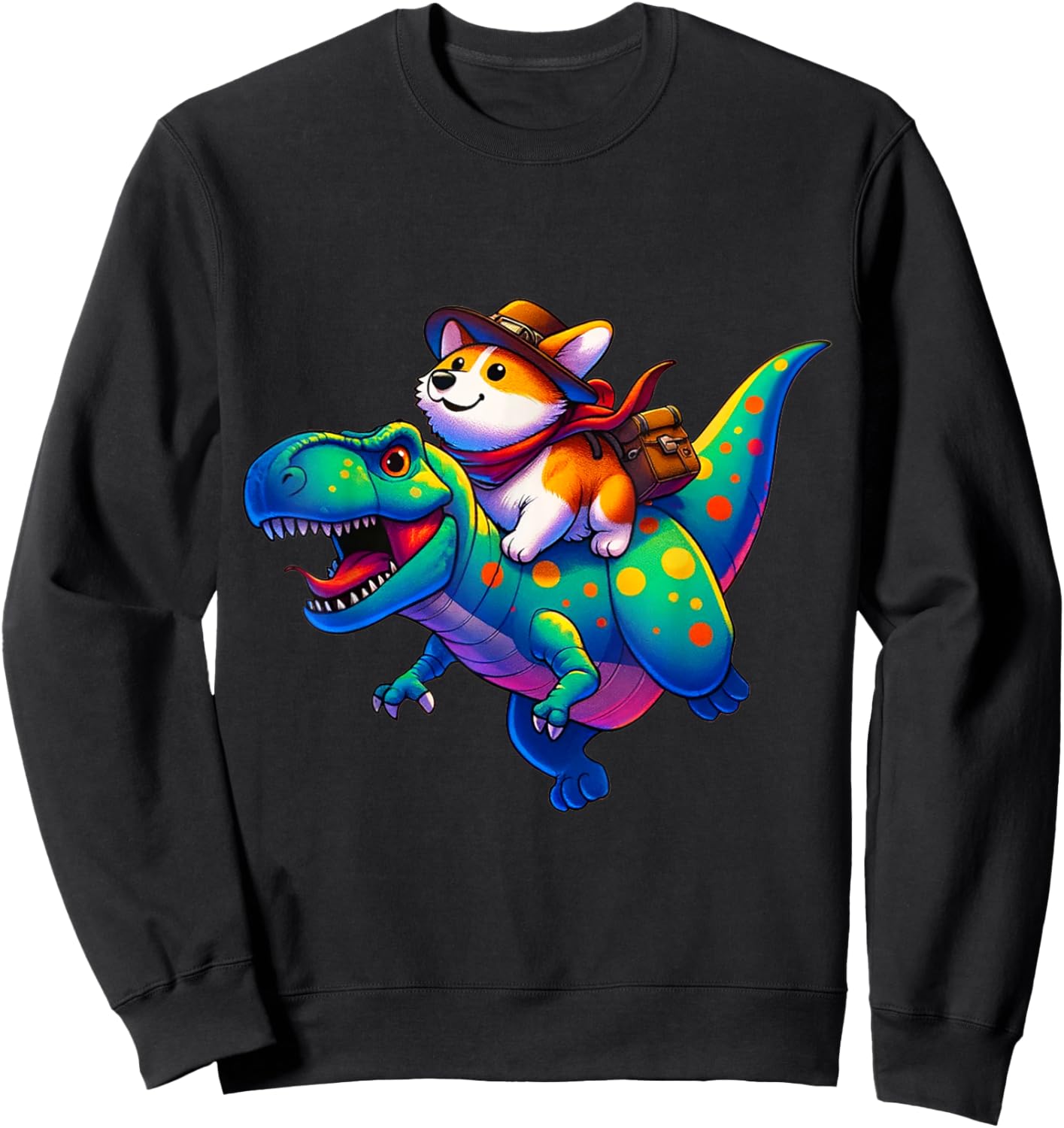Corgi Riding Dinosaur T rex Boys Girls Sweatshirt - Sweatshirt | Black