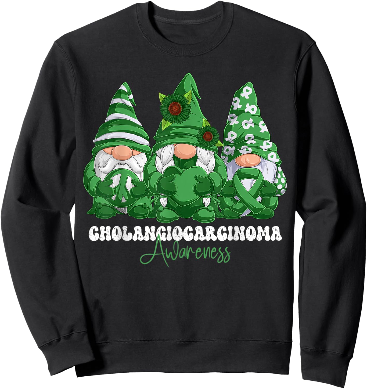 Cholangiocarcinoma Awareness Month Green Ribbon Gnomies Sweatshirt - Sweatshirt | Black