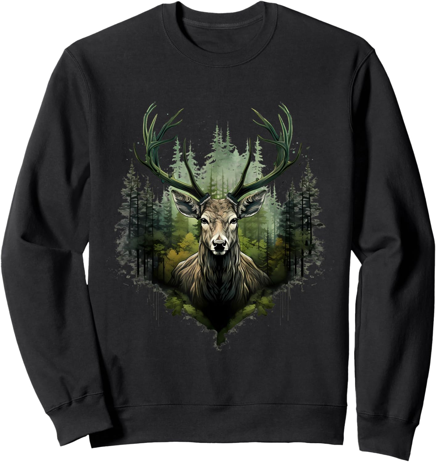 Deer Portrait Forest Motif Artwork Animal Lovers Wildlife Sweatshirt - Sweatshirt | Black