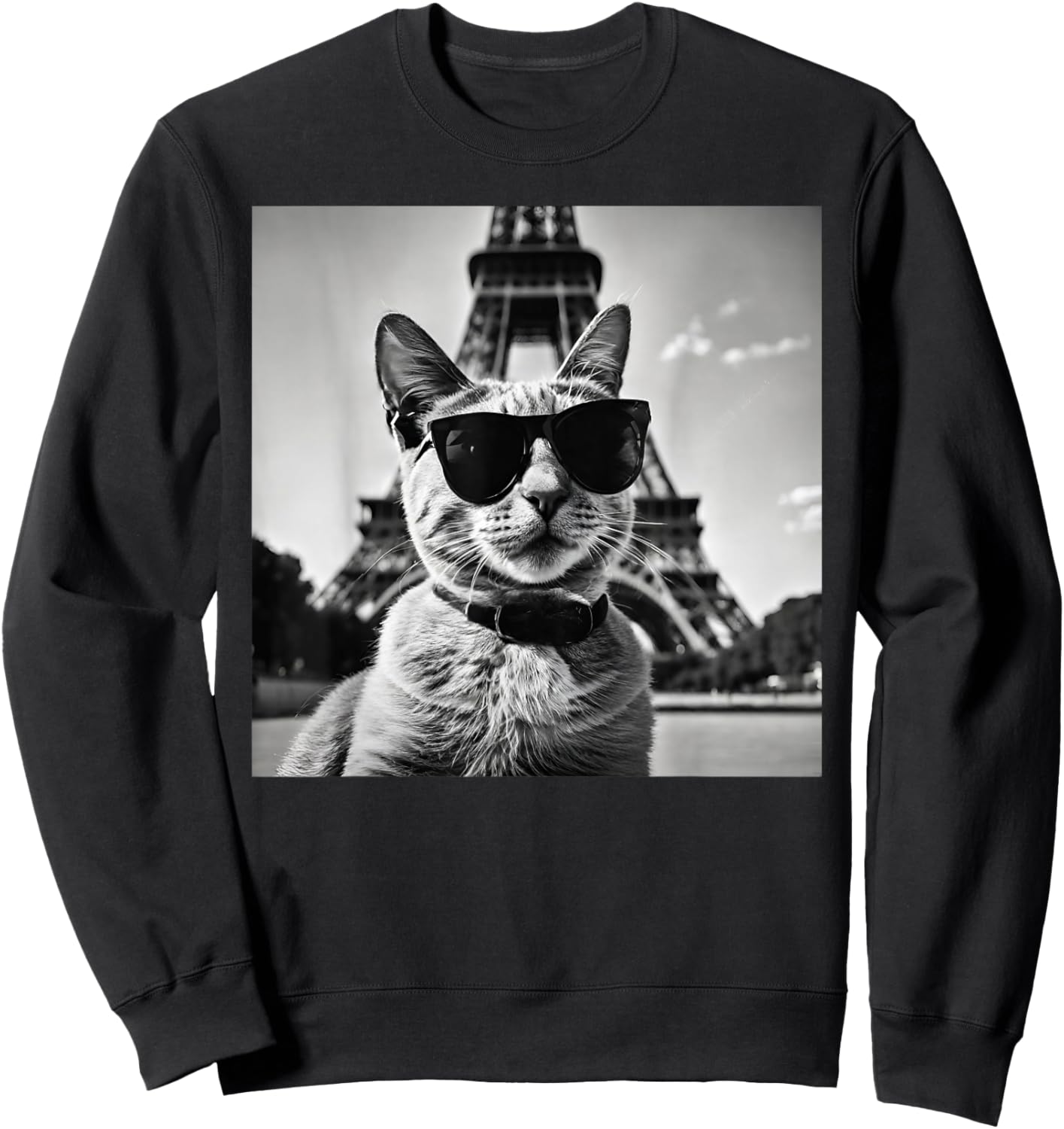 Funny French Cat Wearing Sunglasses and Paris Eiffel Tower Sweatshirt - Sweatshirt | Black