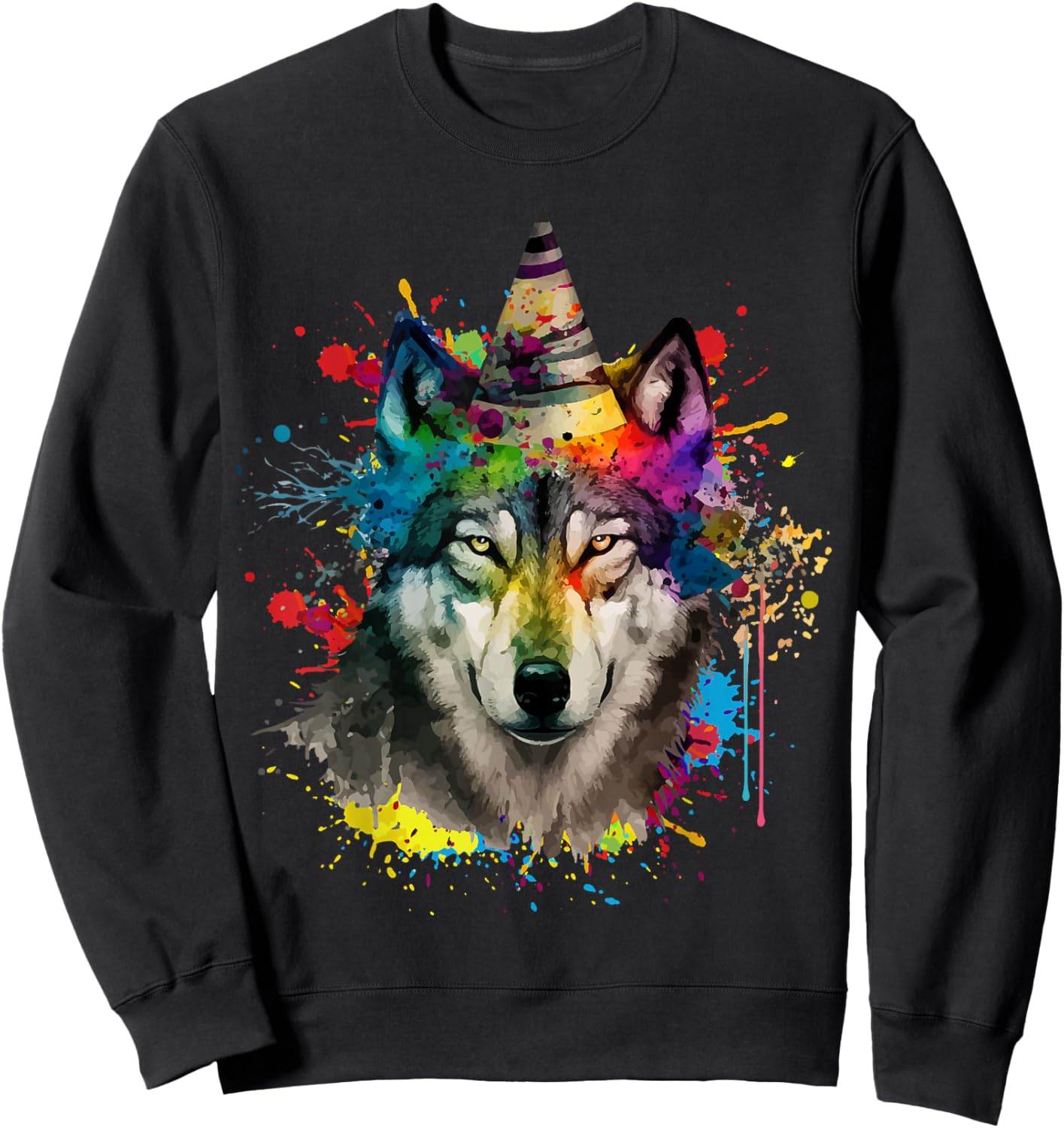 Wolf Birthday Themed Party Watercolor Painting Wolves Lover Sweatshirt - Sweatshirt | Black