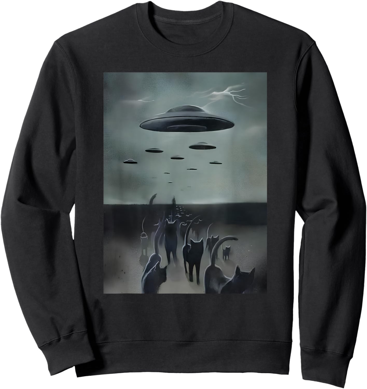 Cats Invasion With Alien UFO Funny Cats Women Kid , Small, Black Sweatshirt - Sweatshirt | Black