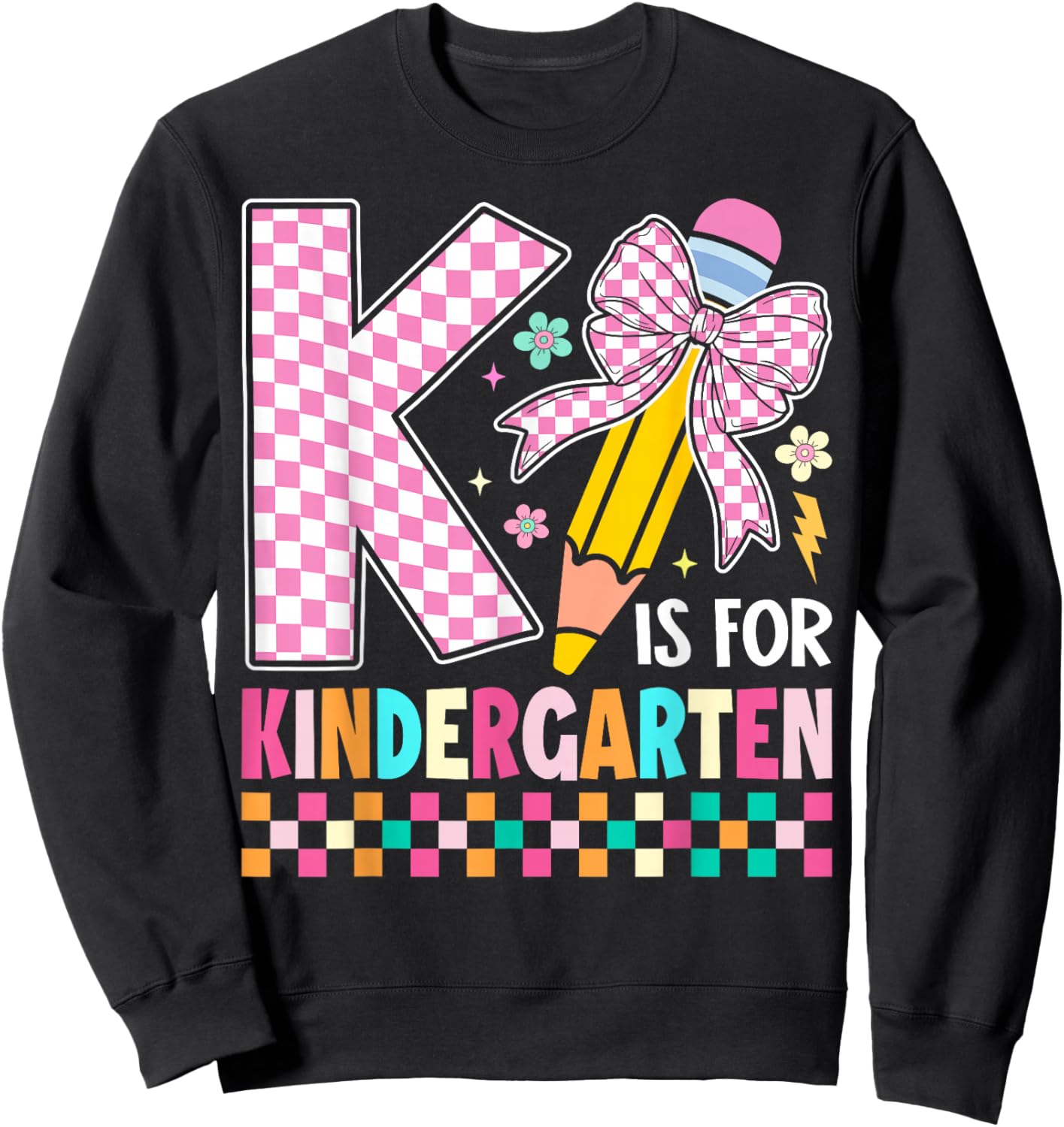 K is for Kindergarten Back to School Pencil Bow Retro Sweatshirt - Sweatshirt | Black
