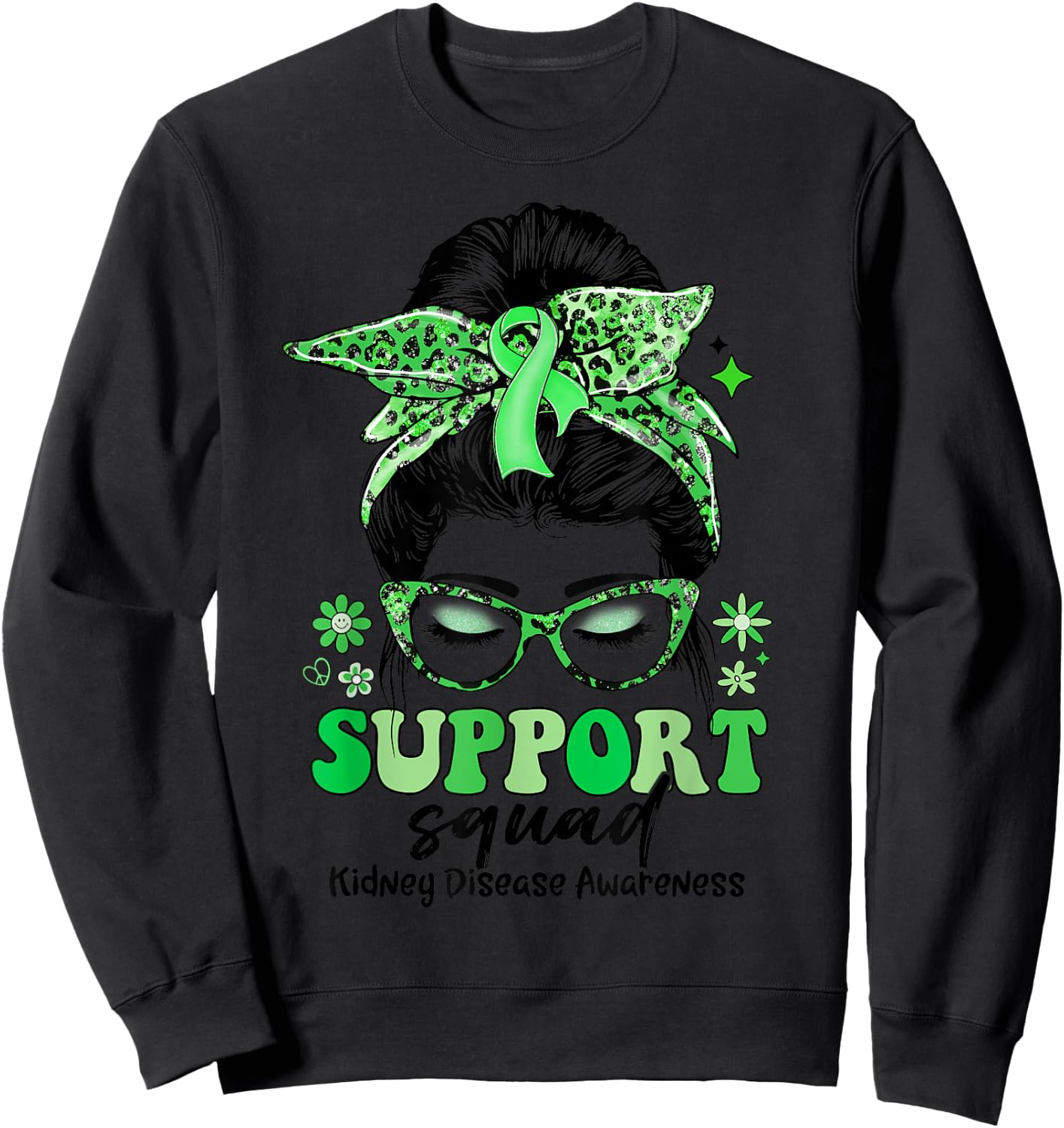 Groovy Support Squad Messy Bun Women Kidney Disease Sweatshirt - Sweatshirt | Black