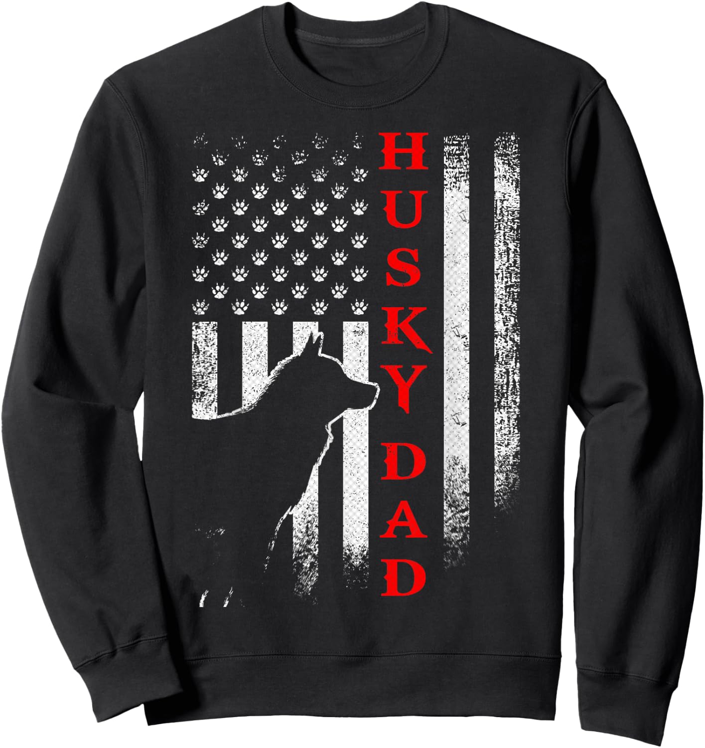 Vintage USA American Flag Siberian Husky Dog Dad Silhouette Women Men Sweatshirt - Sweatshirt | Black
