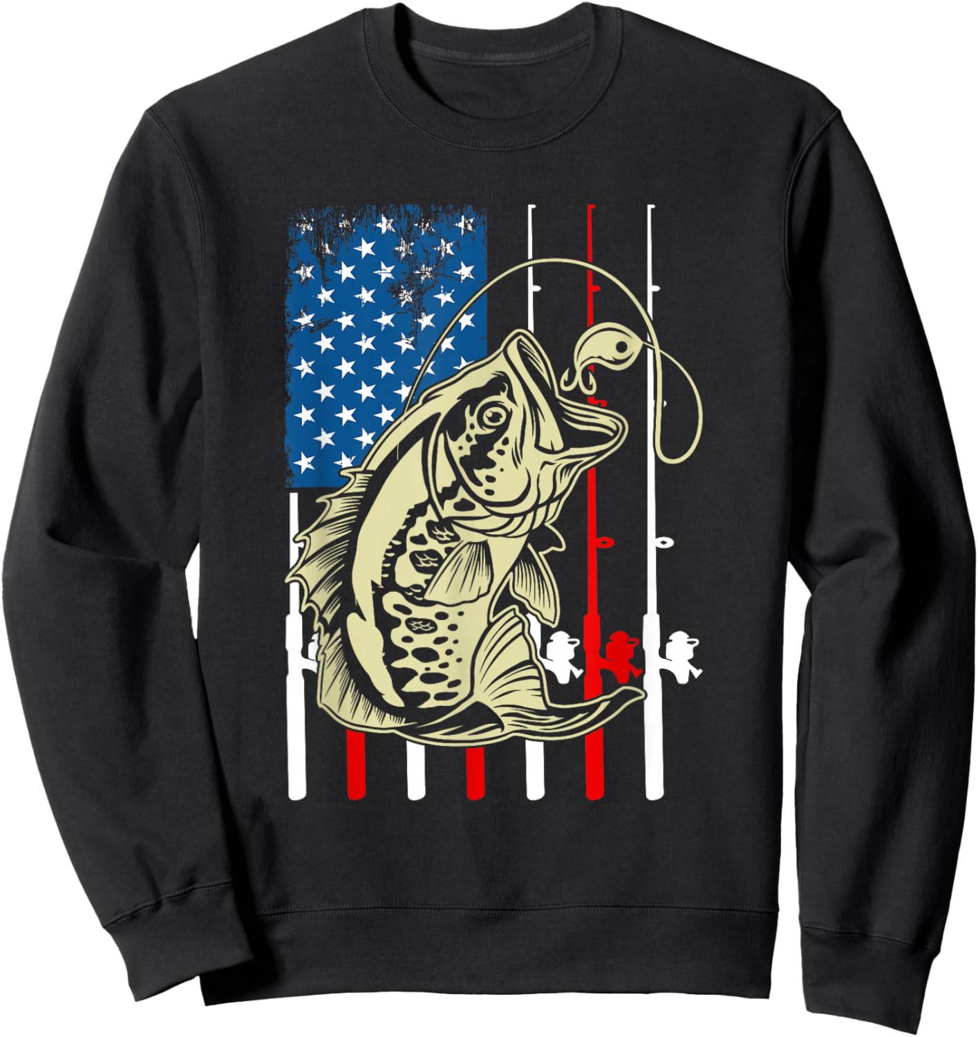 Fishing American Flag Vintage Fishing Lover Bass Fisherman Sweatshirt - Sweatshirt | Black