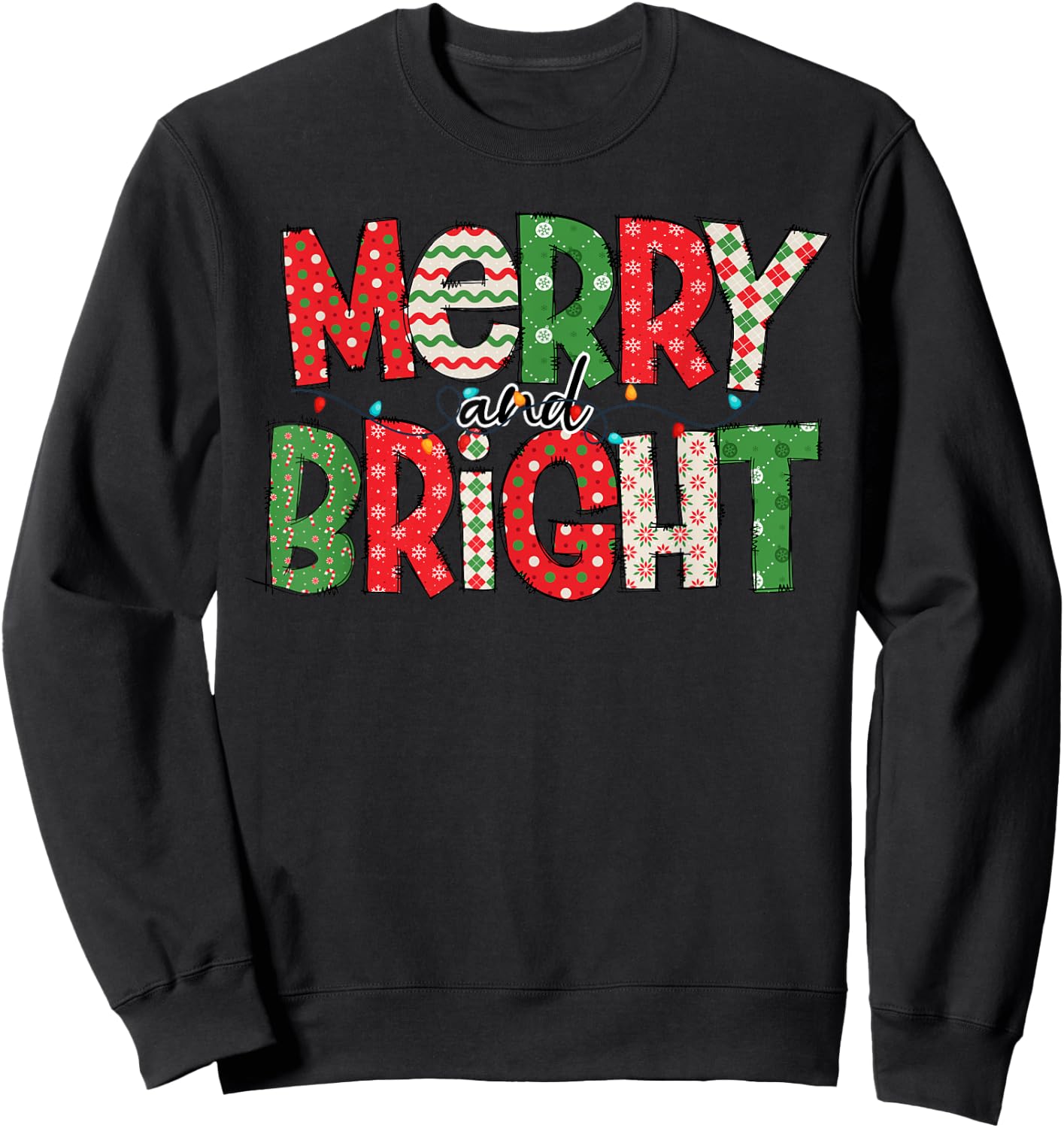 Merry And Bright Christmas Pajama Lights Santa Hat Xmas 2024 Sweatshirt - Sweatshirt | Black