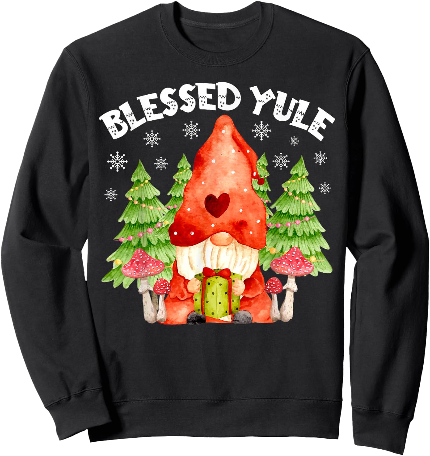 Blessed Yule Snowflakes and Gnome Cute Christmas Day Apparel Sweatshirt - Sweatshirt | Black
