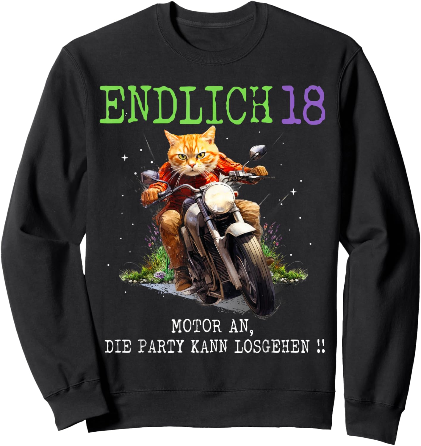 Endlich 18, Katze auf Motorrad, 18. Geburtstag Sweatshirt - Sweatshirt | Black