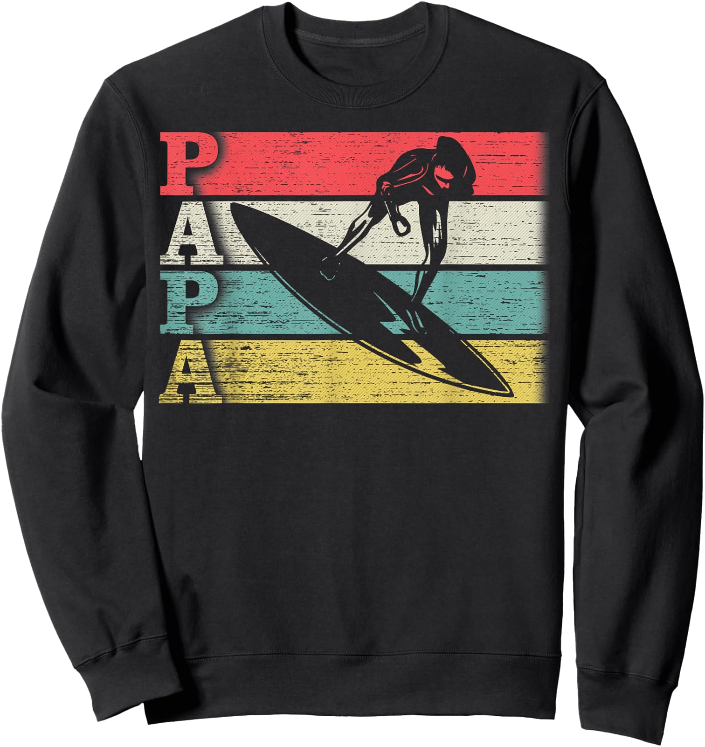 Vintage Retro Surfing Papa Surf Surfer Silhouette Distressed Sweatshirt - Sweatshirt | Black