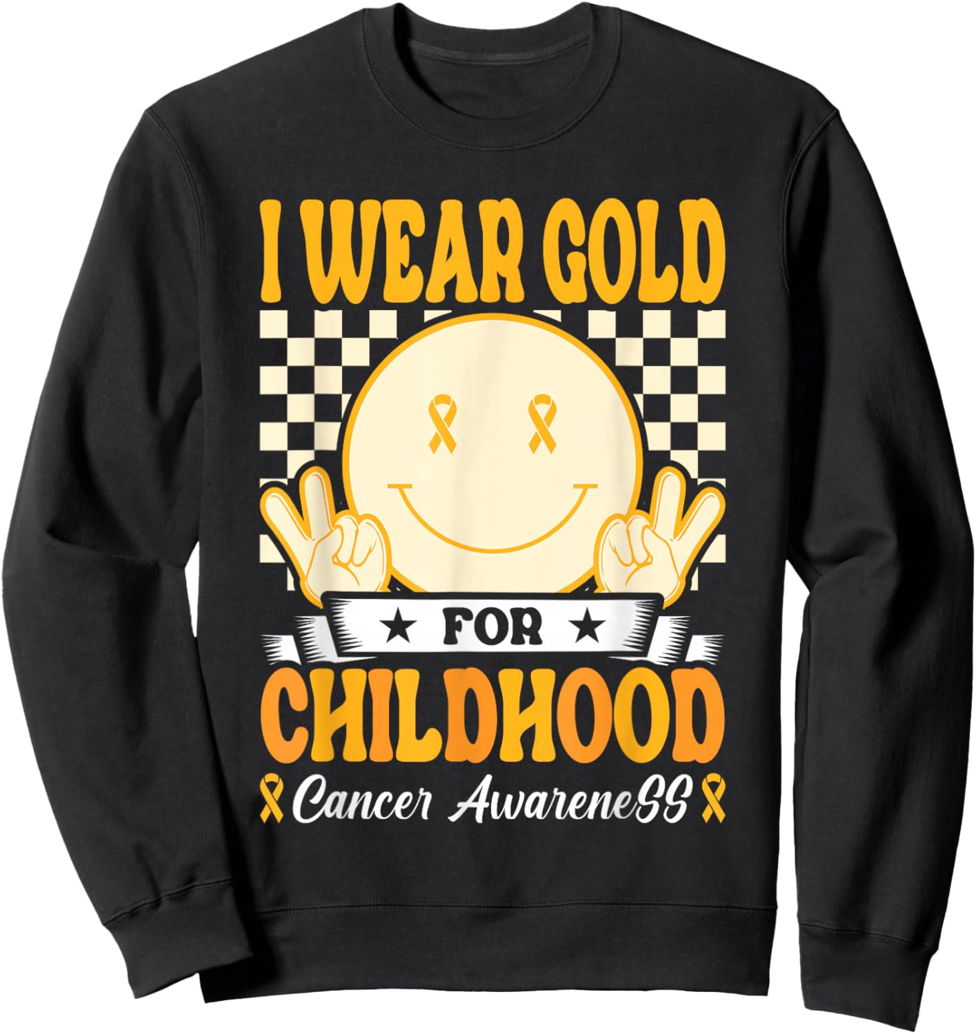 I Wear Gold For Childhood Cancer Awareness Boy Kids Groovy Sweatshirt - Sweatshirt | Black
