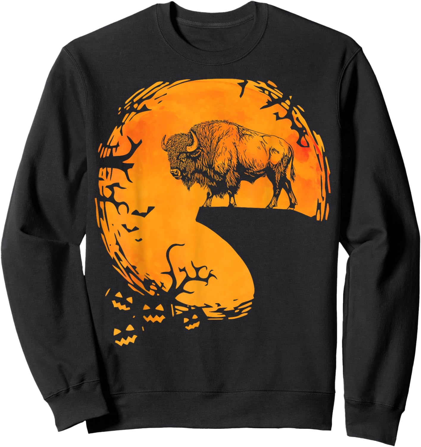 Funny Buffalo Halloween Moon Silhouette Spooky Bison Lover Sweatshirt - Sweatshirt | Black
