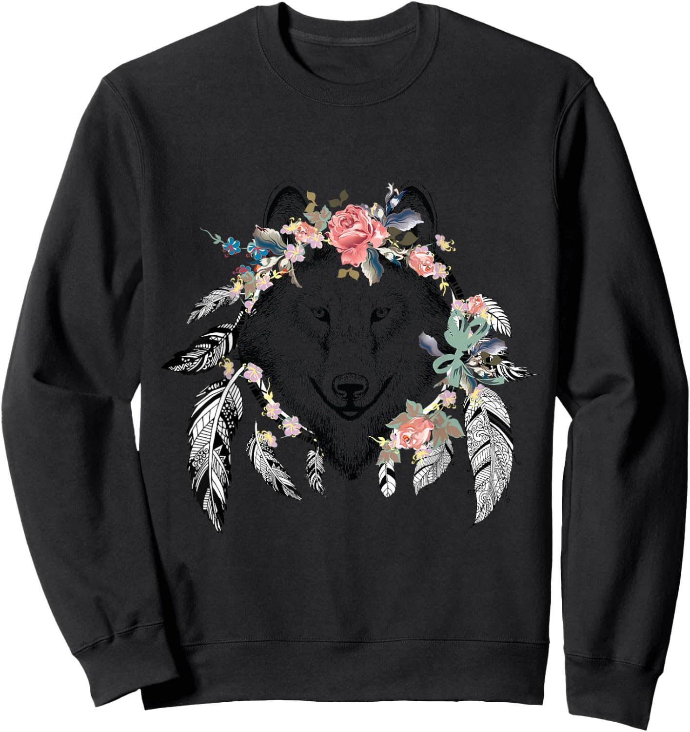 Ethnic Tribal Wolf Head Boho Feather Native American Hippie Sweatshirt - Sweatshirt | Black