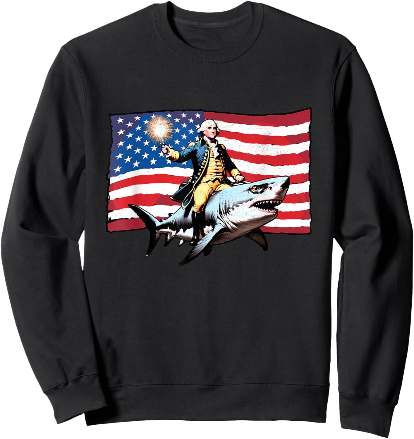 4th of July George Washington Riding Shark American Flag Men Sweatshirt - Sweatshirt | Black