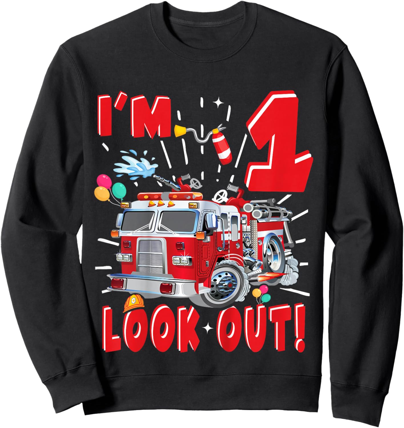 Kids One 1st Birthday Fire Truck Boy 1 Year Old Firefighter Sweatshirt - Sweatshirt | Black