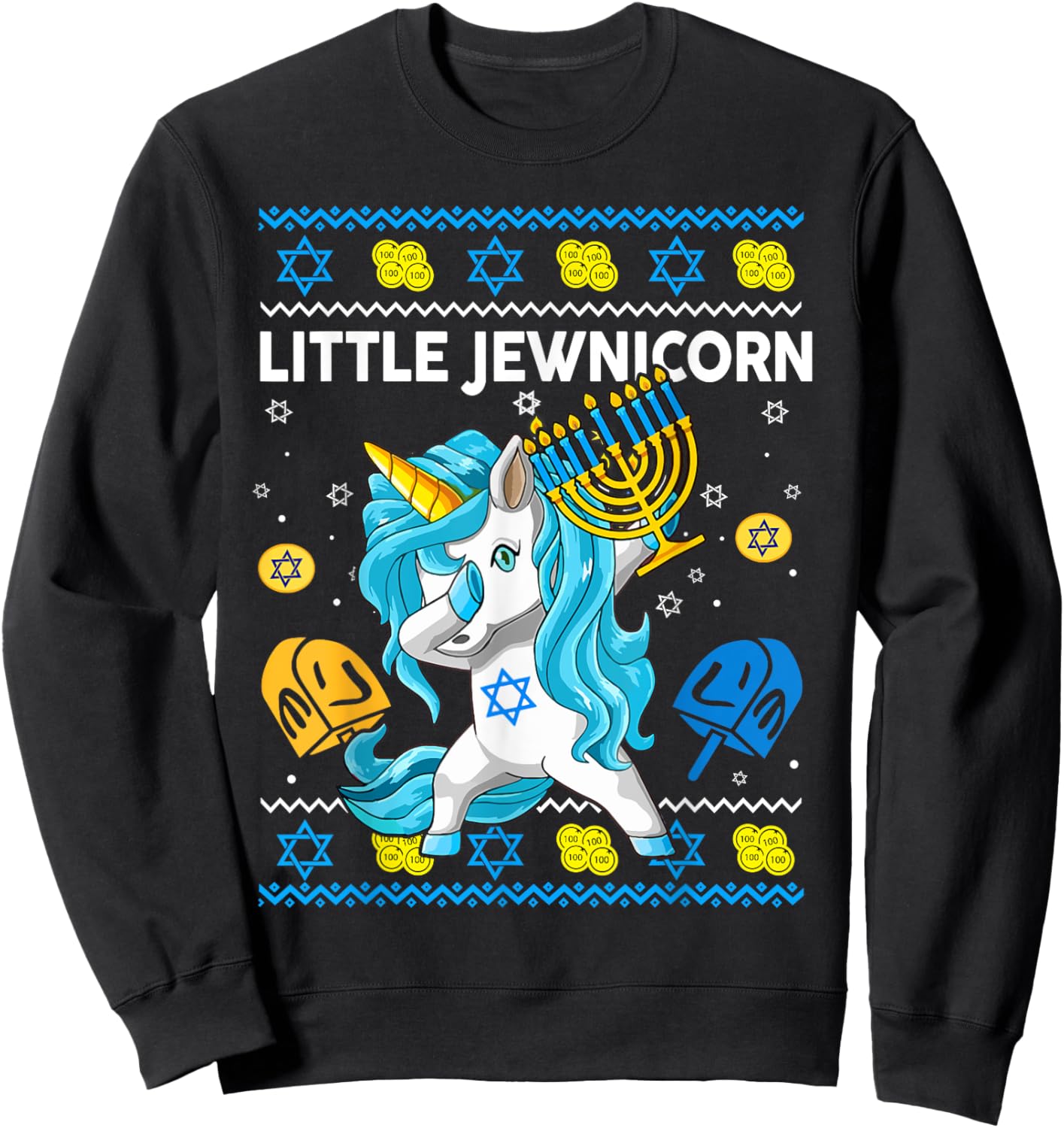 Ugly Hanukkah Sweater Little Jewnicorn Unicorn Toddler Girl Sweatshirt - Sweatshirt | Black