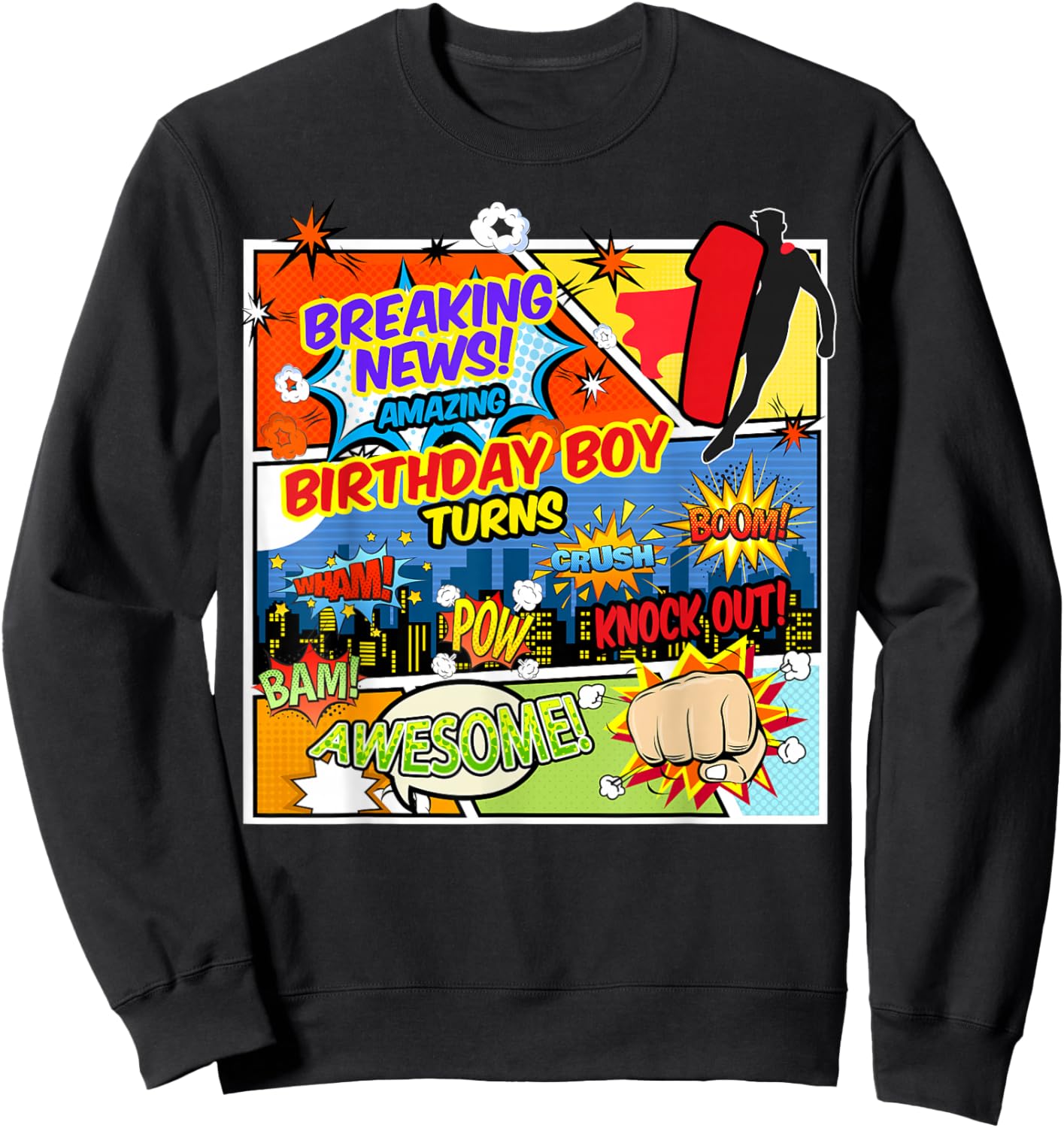 1st Birthday Boy Superhero Comic Book Theme 1 Years Old Sweatshirt - Sweatshirt | Black