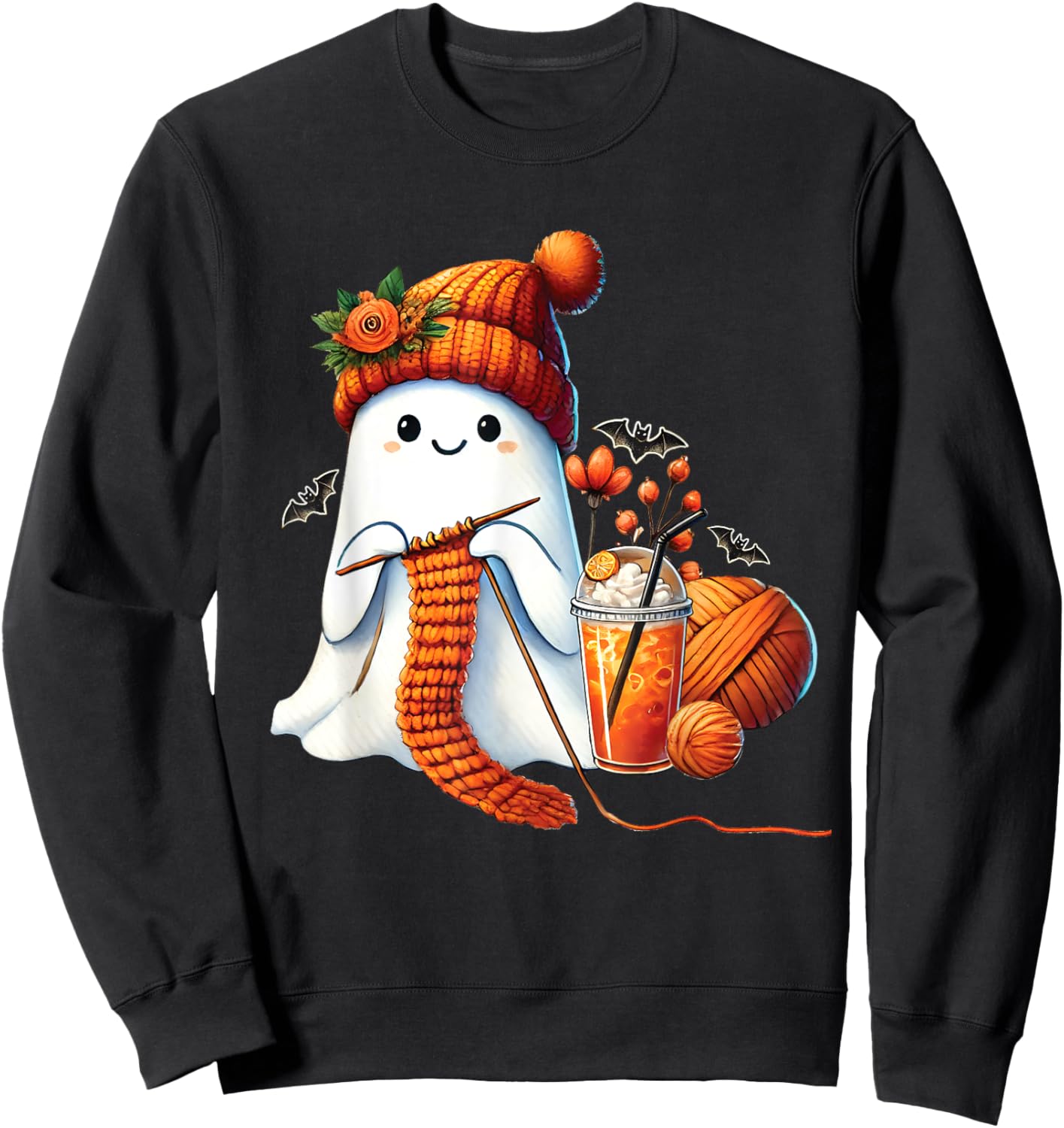 Cute Ghost crochet knitting Lovers Halloween Coffee Women Sweatshirt - Sweatshirt | Black