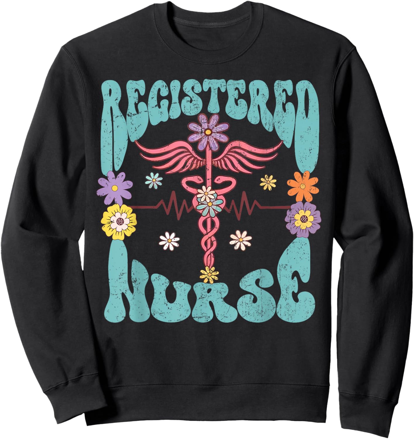 Registered Nurse Retro Groovy Floral RN Nursing Staff Gifts Sweatshirt - Sweatshirt | Black