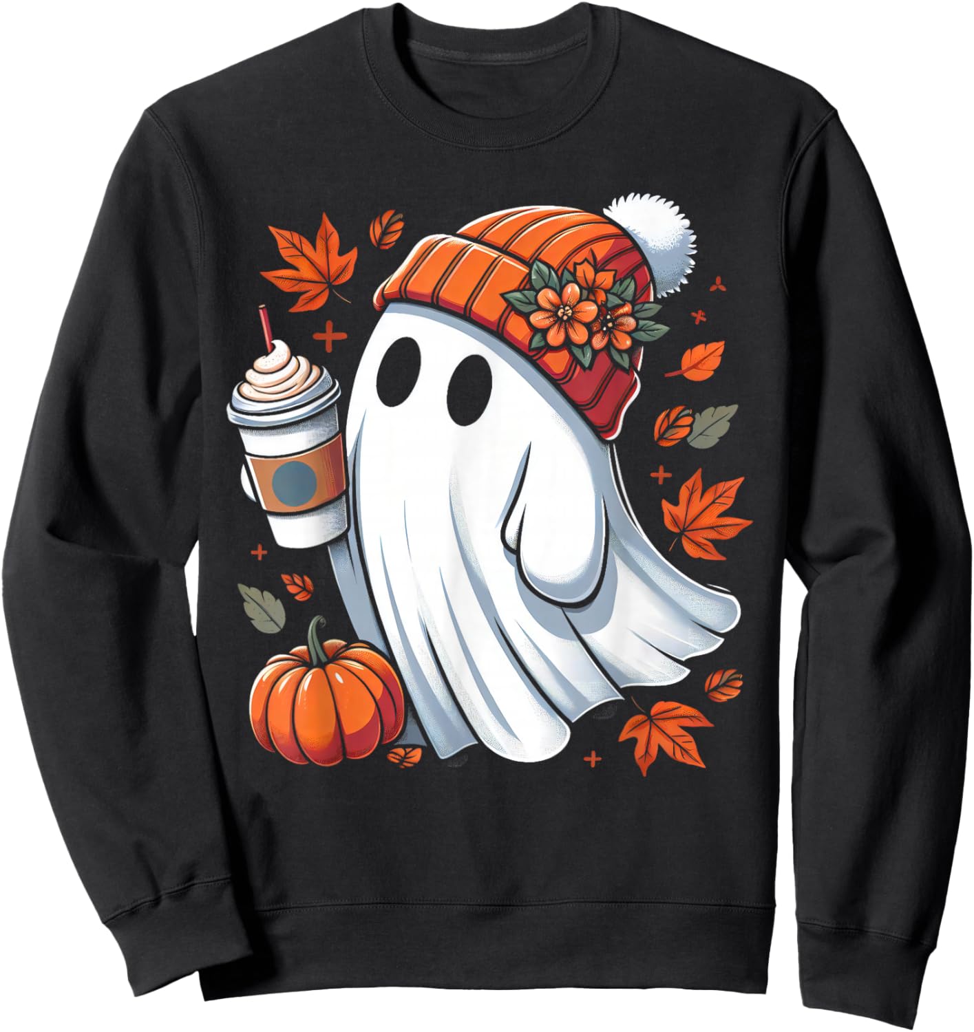 Cute Ghost Drinking Coffee Halloween Ghost Ice Coffee Sweatshirt - Sweatshirt | Black