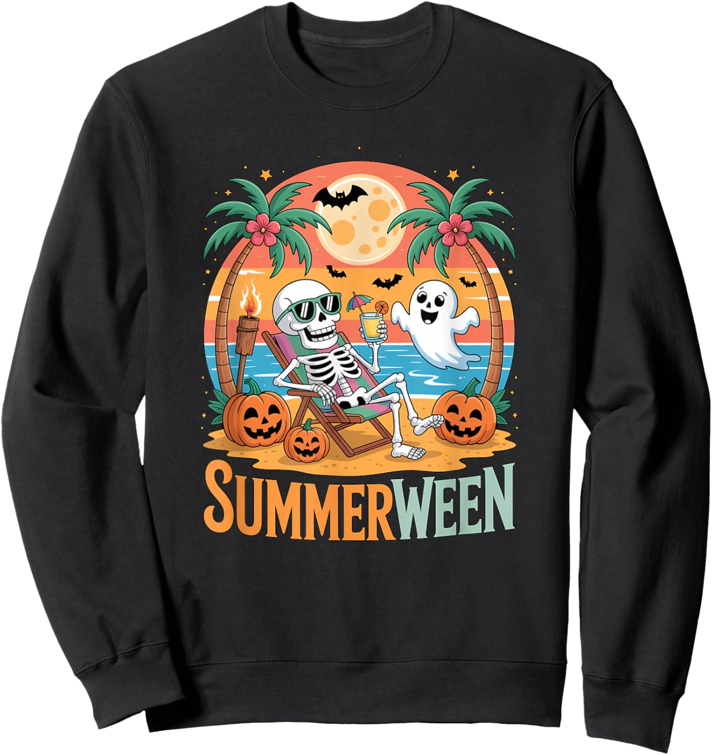 Summerween Skeleton Ghost Beach Halloween Summer Scary Fun Sweatshirt - Sweatshirt | Black