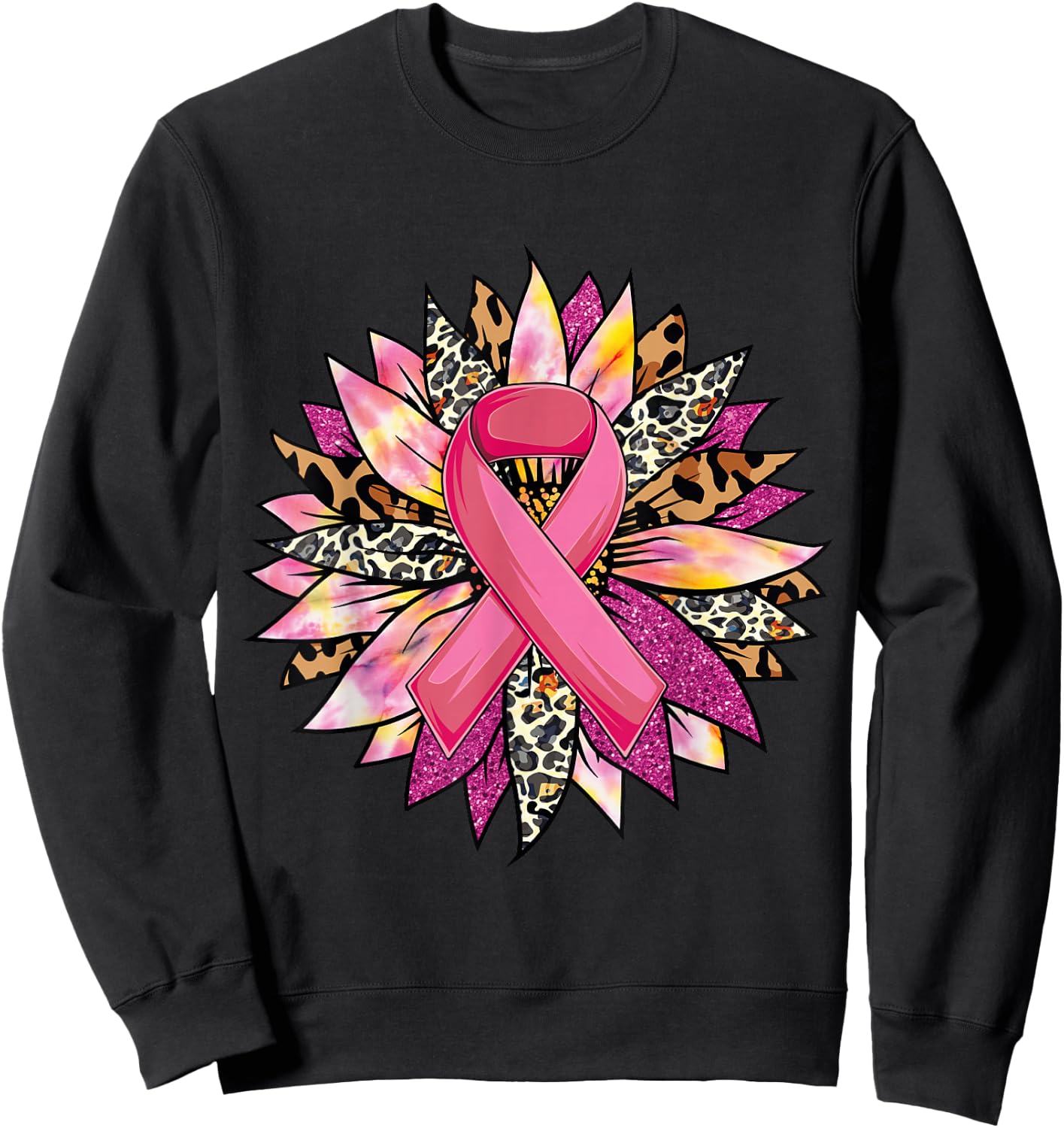 Sunflower Breast Cancer Awareness Leopard Sunflower Ribbon Sweatshirt - Sweatshirt | Black