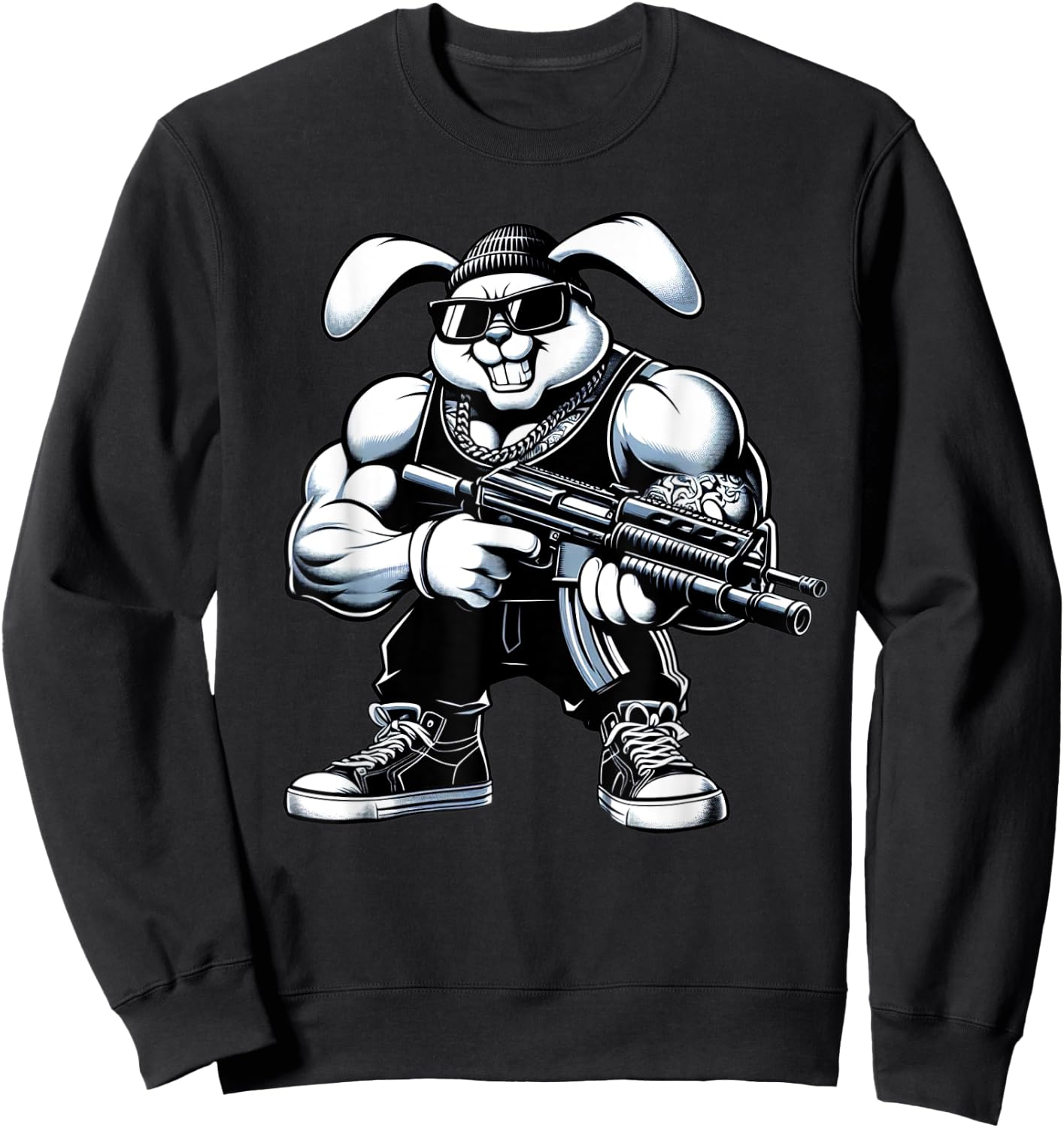Thug Bunny Holding Gun Muscles Gangster Rabbit Lovers Art Sweatshirt - Sweatshirt | Black