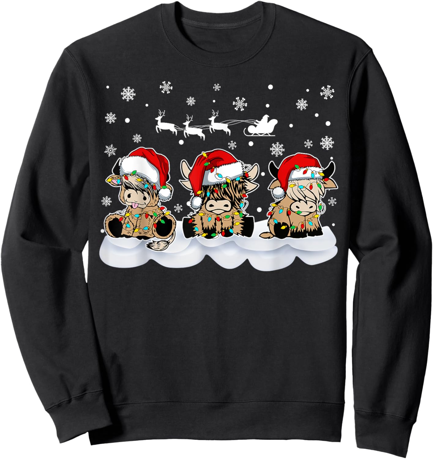 Highland Cow Christmas Merry and Bright Christmas Pajama Sweatshirt - Sweatshirt | Black