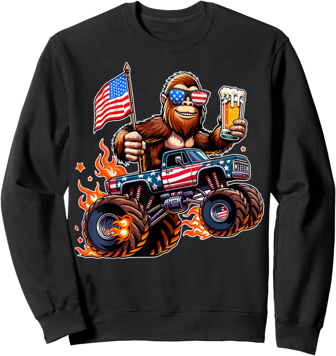Bigfoot Monster Truck Beer USA Flag 4th of July Sasquatch Sweatshirt - Sweatshirt | Black