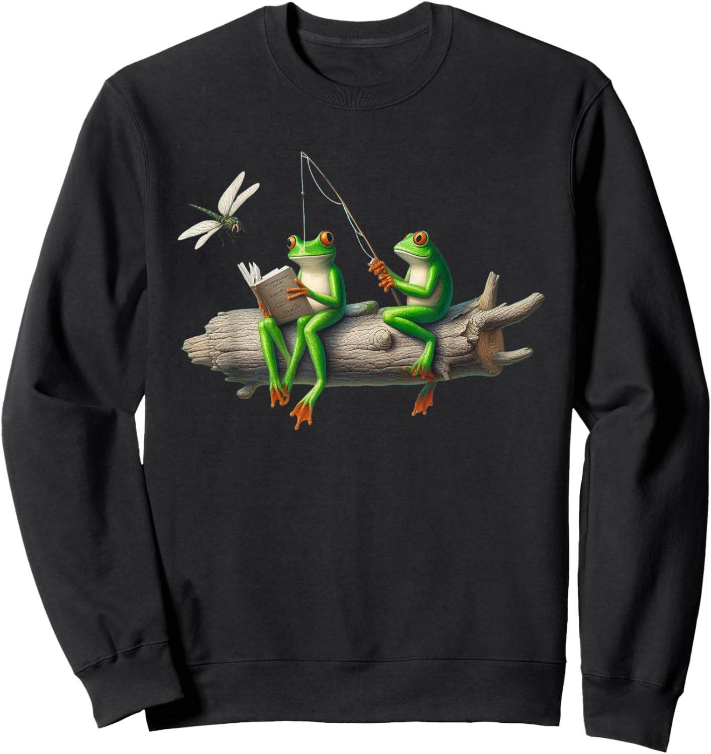 Four Legs Frog on a log Frog Fishing Dragonfly Reading Book Sweatshirt - Sweatshirt | Black