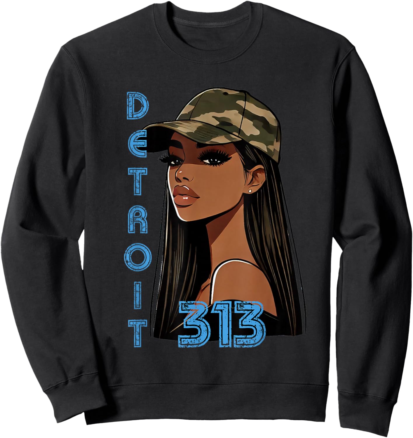 Detroit 313 Black Woman Camo Hat Hometown Sweatshirt - Sweatshirt | Black