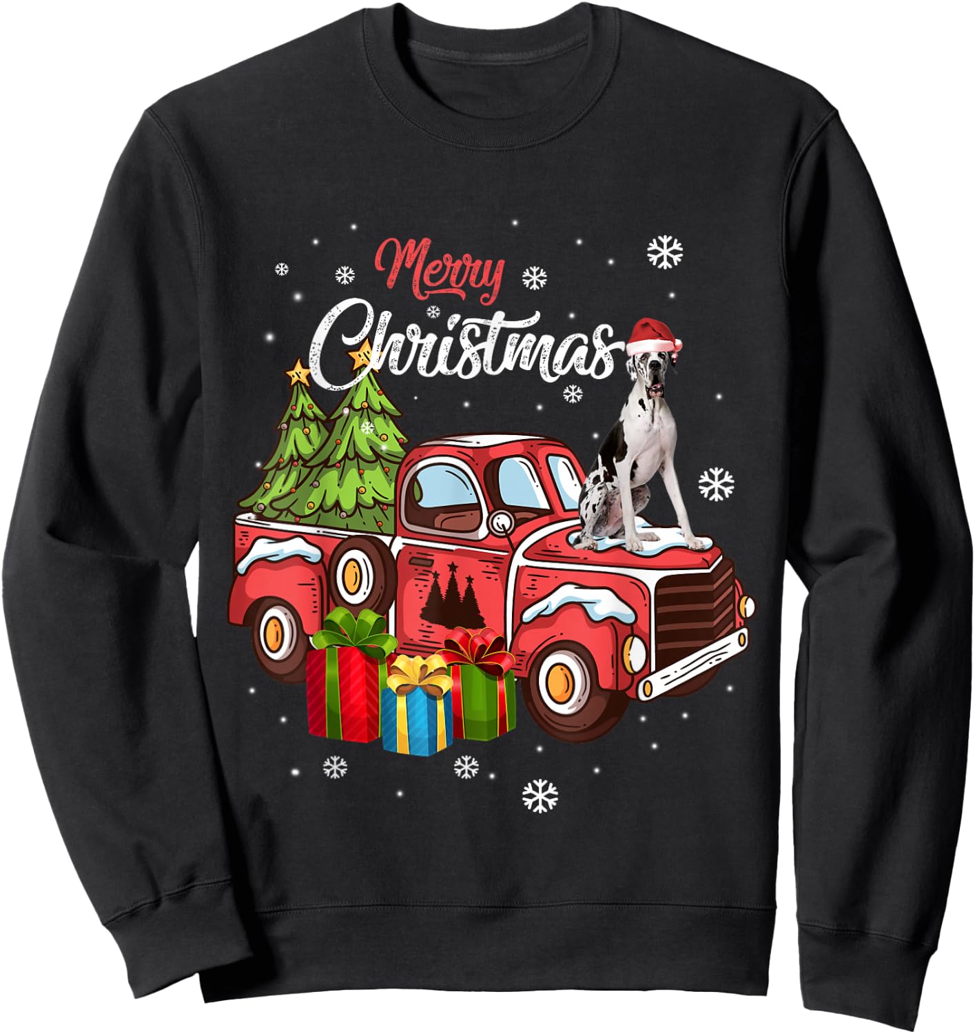 Great Dane Riding Red Truck Xmas Merry Christmas Sweatshirt - Sweatshirt | Black