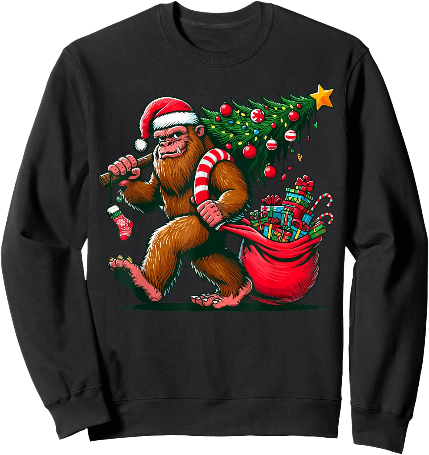 Bigfoot Christmas Tree Lights Xmas Sasquatch - -Adults, Kids - Blue - Small - Short Sleeve - - Cartoon Pattern - Winter Sweatshirt - Sweatshirt | Black