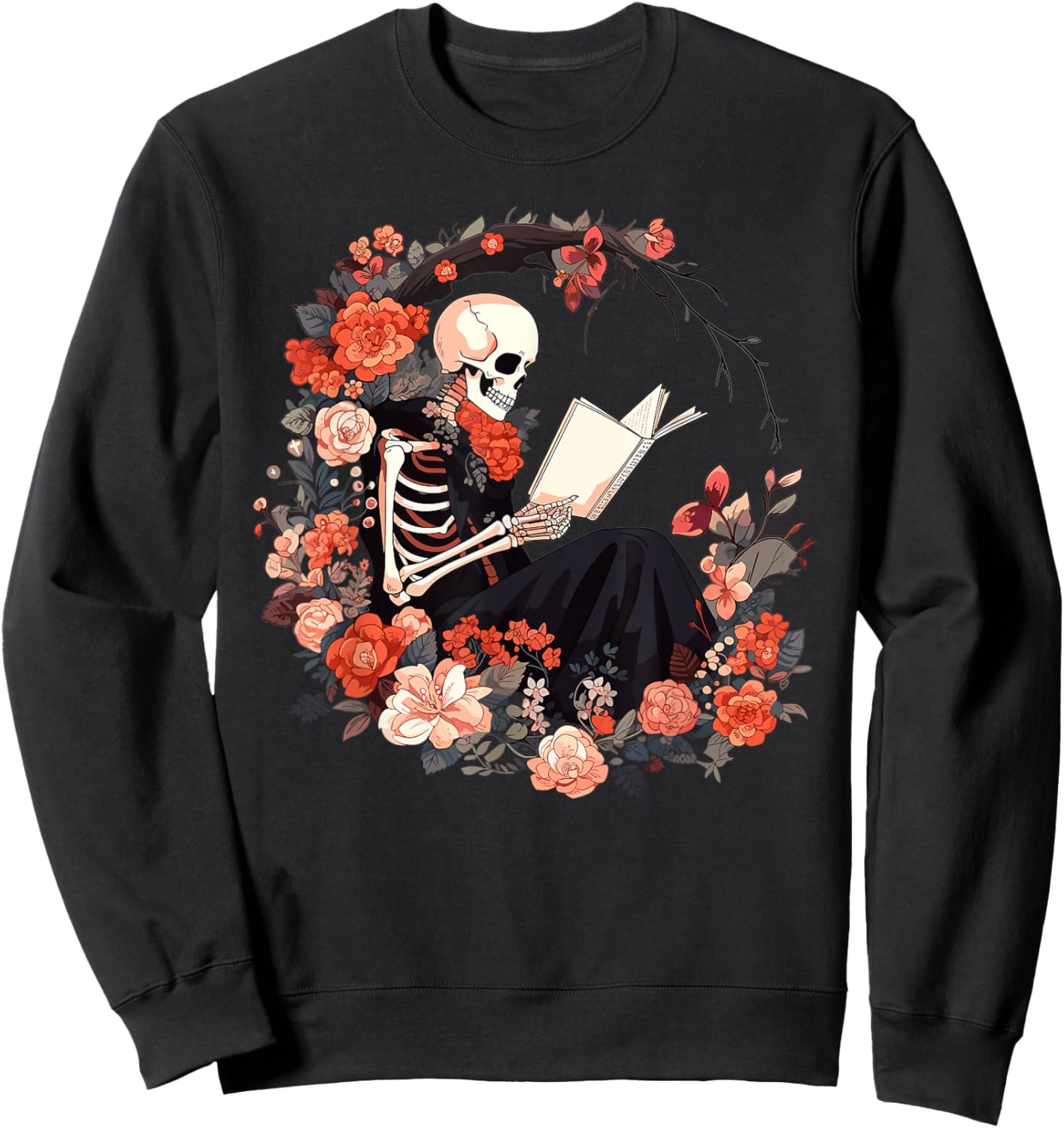 Skeleton Reading Book Lover Floral Flowers Bookish Bookworm Sweatshirt - Sweatshirt | Black