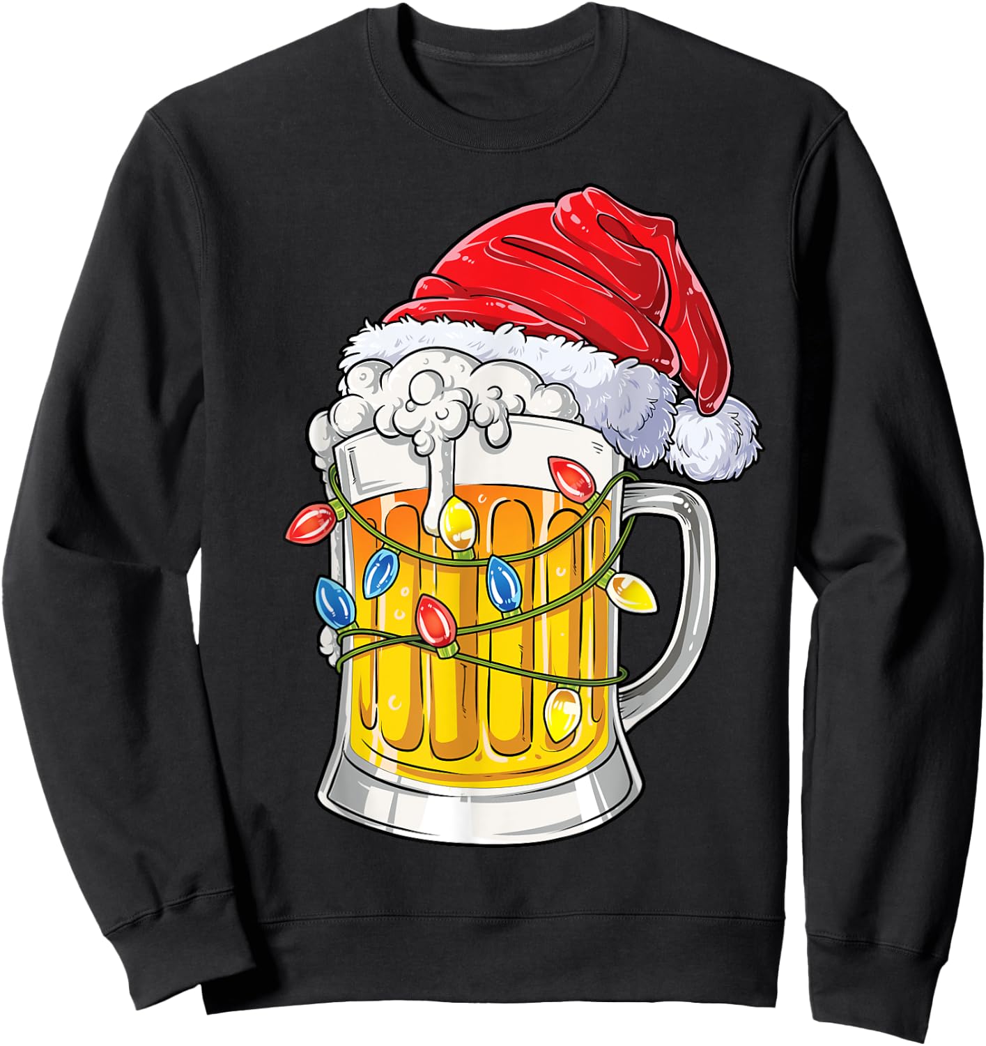 Beer Christmas Mug Santa Xmas Tree Lights Men Women Drinking Sweatshirt - Sweatshirt | Black