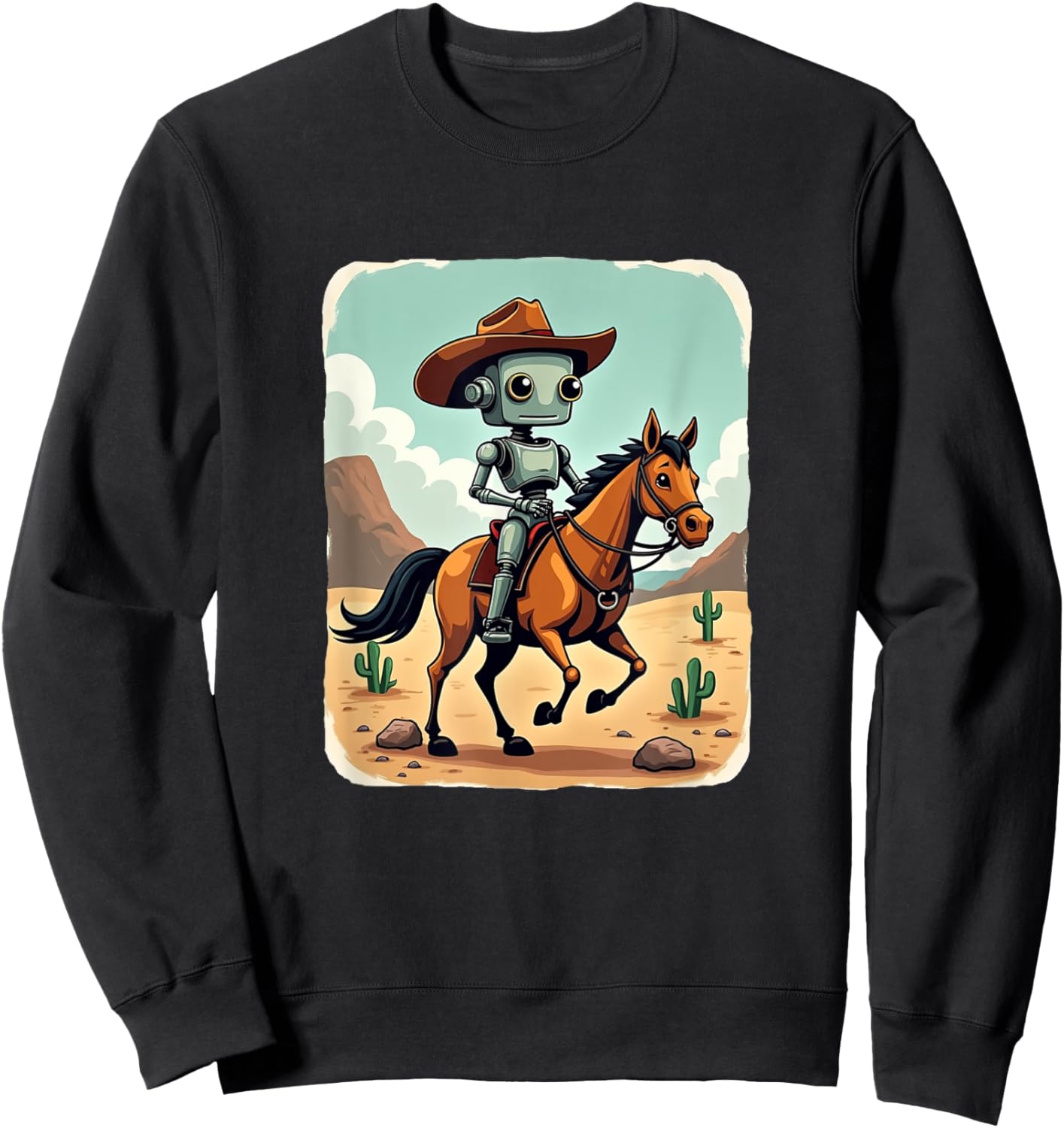 Funny Robot Cowboy Riding Horse Futuristic Western Theme Sweatshirt - Sweatshirt | Black