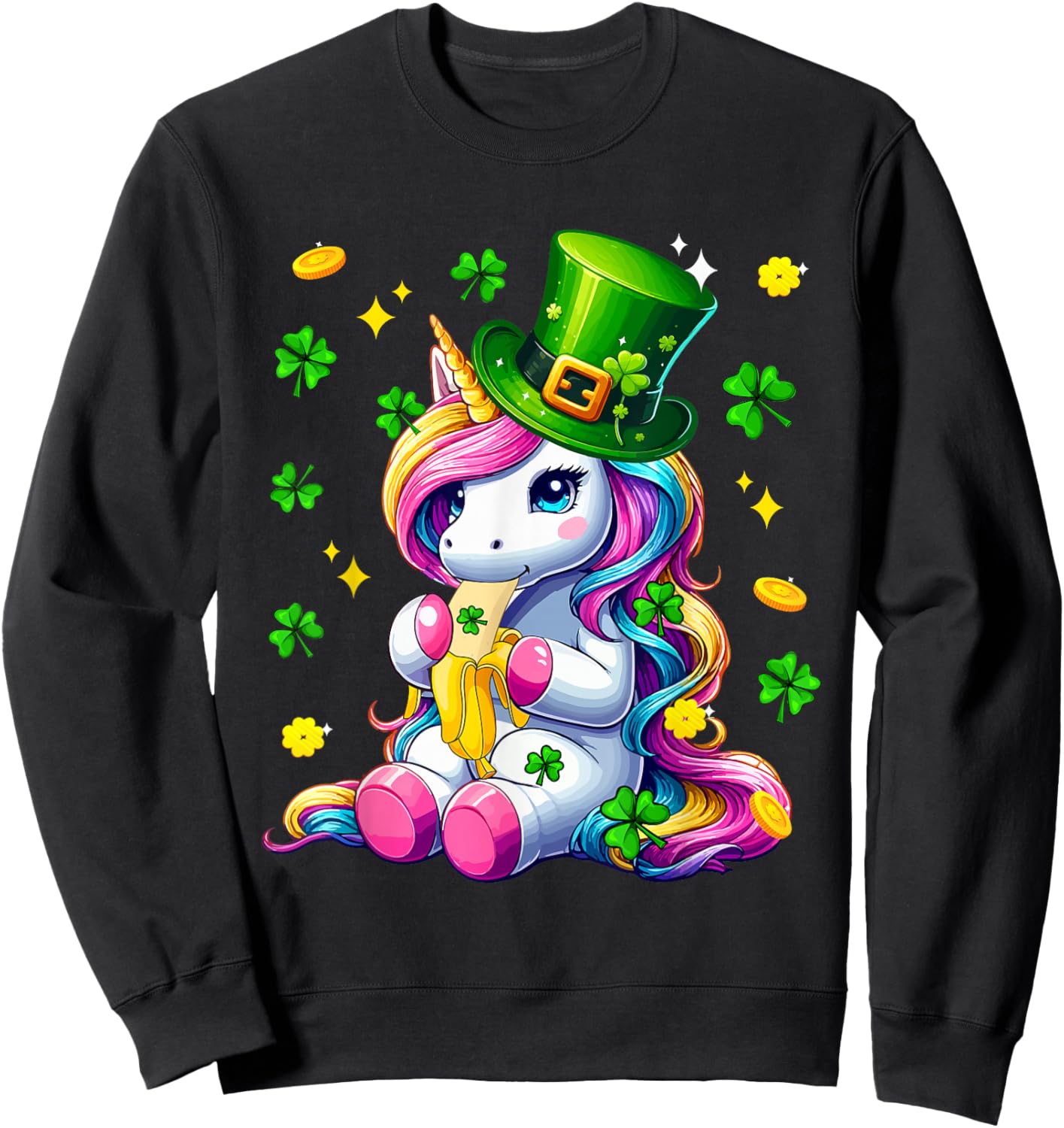 Colorful Unicorn Eating Banana St. Patrick's Day Shamrocks Sweatshirt - Sweatshirt | Black